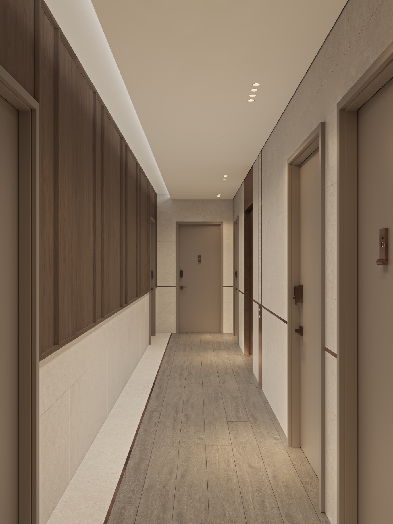 Residential corridor with walnut panelling, stone wainscot and wide oak plank flooring