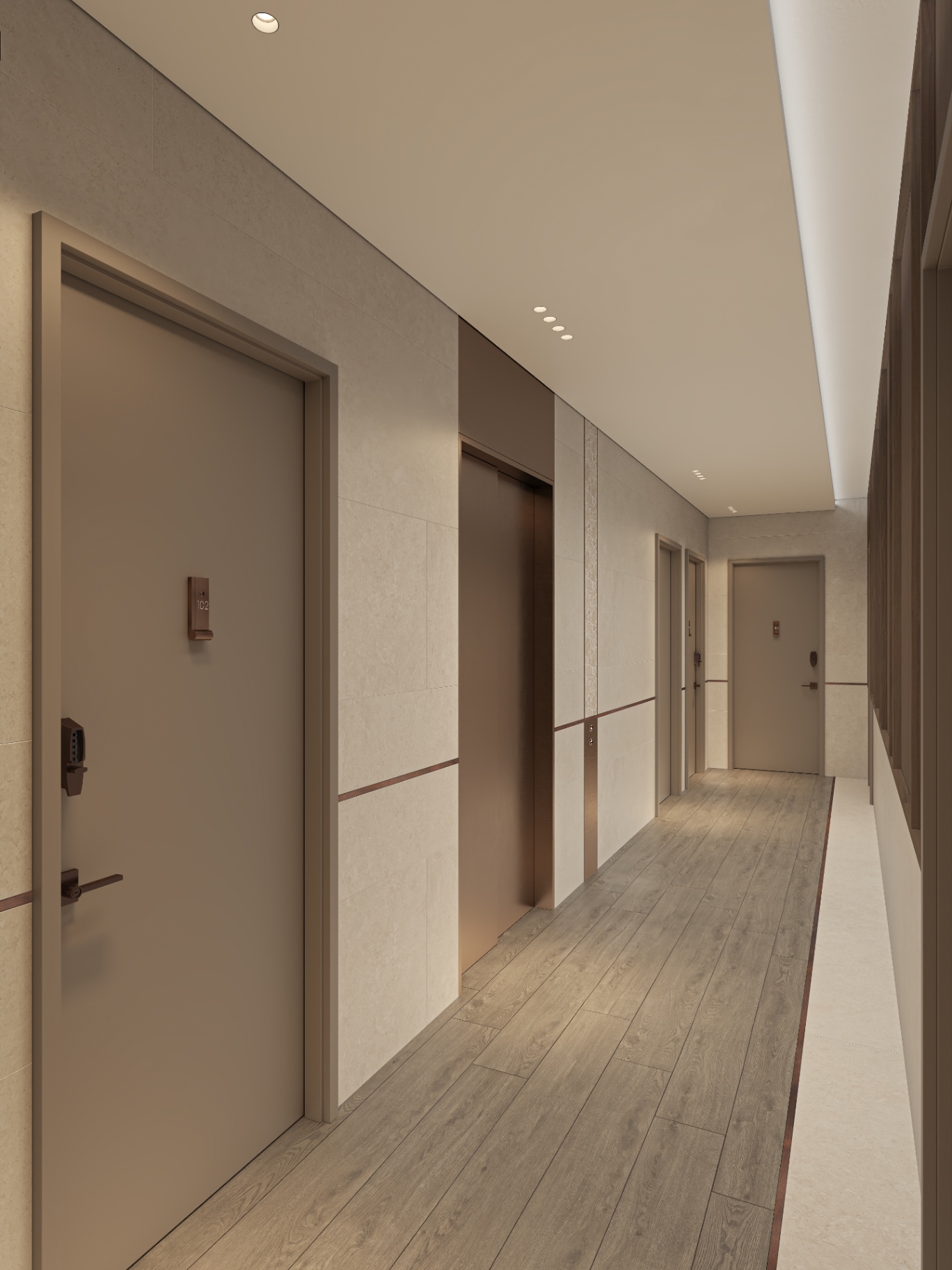 Residential corridor showing apartment doors with bronze hardware and a bronze inlay reveal