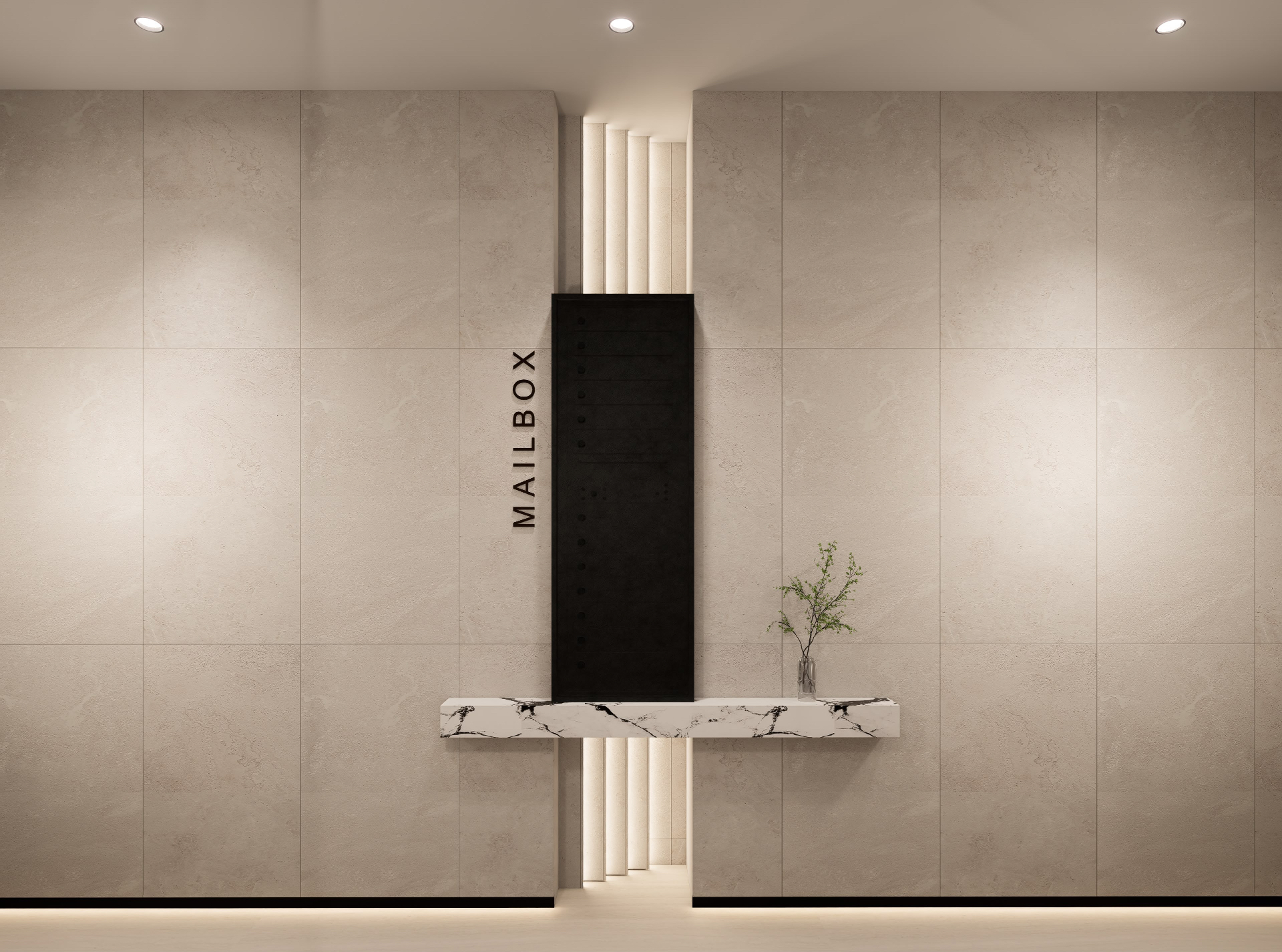 Mailbox wall with blackened metal bank, floating marble shelf and backlit fluted plaster reveal
