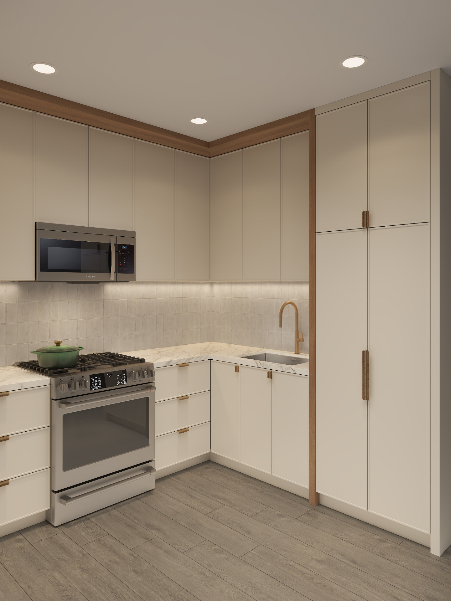 Kitchen corner with brass gooseneck faucet, marble counter and full-height pantry cabinetry