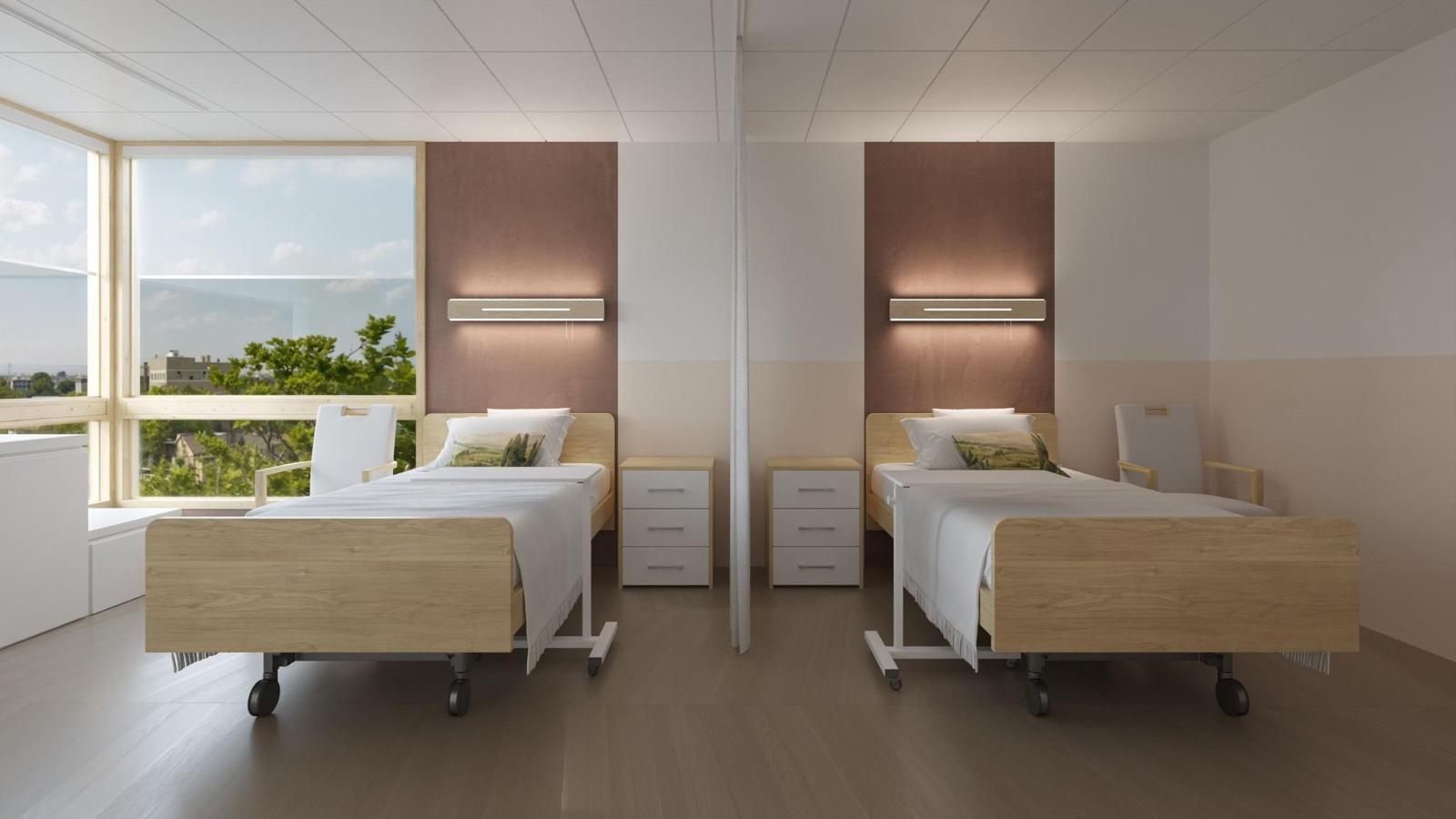 Twin resident room with matched terracotta headboard panels and linear oak wall lights