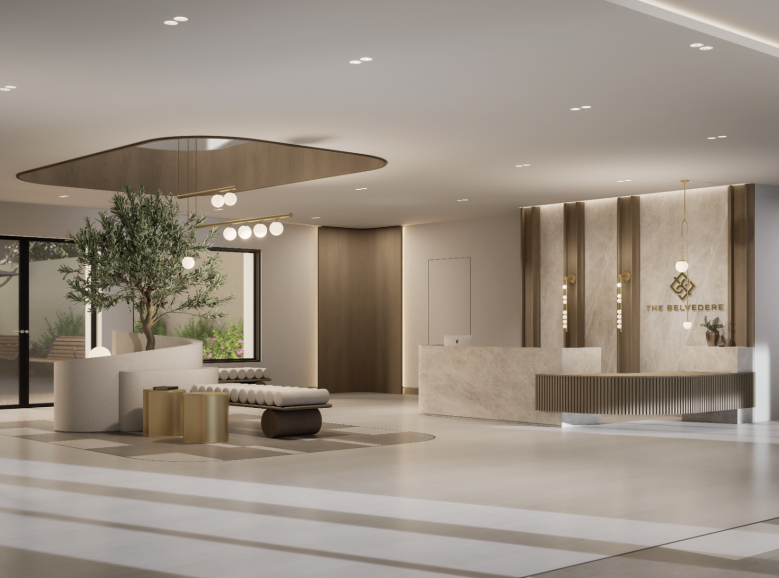 The Belvedere arrival lobby with stone reception wall, oak ceiling raft and a planted olive tree