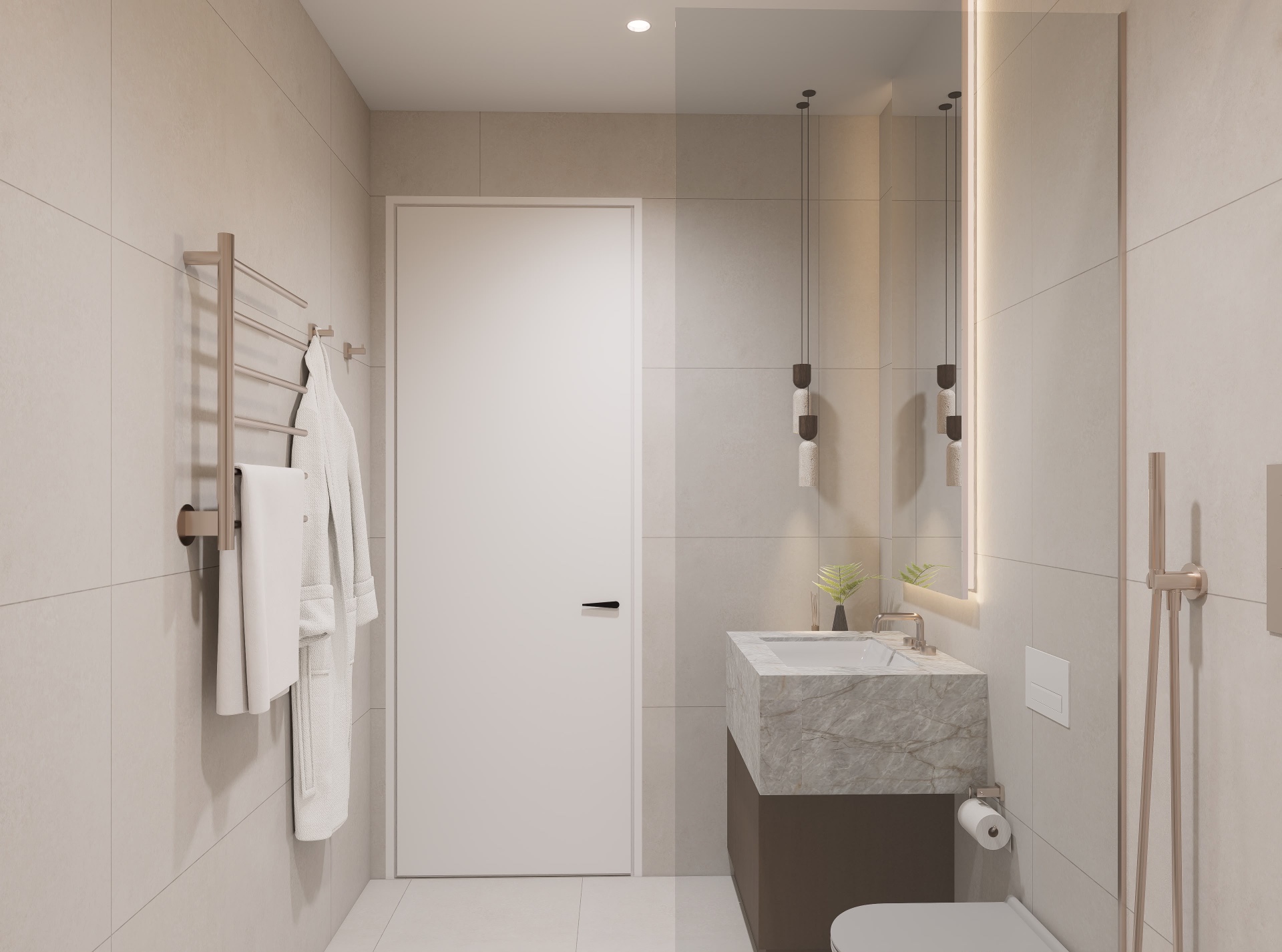 Bathroom view toward the concealed door, towel warmer and travertine-tone tile walls