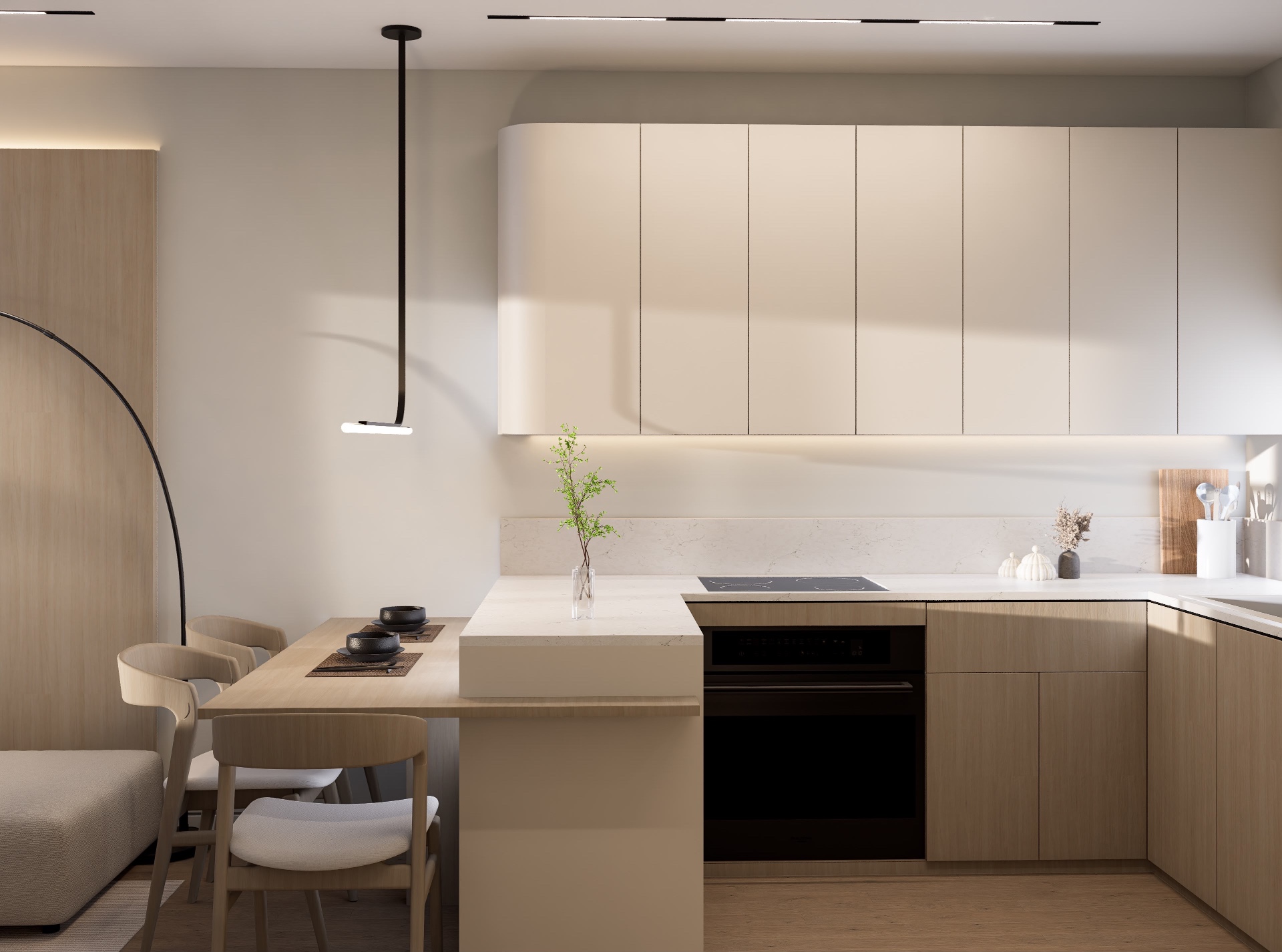 Kitchen peninsula with cream lacquer uppers, oak base cabinets, quartz counters and integrated dining ledge