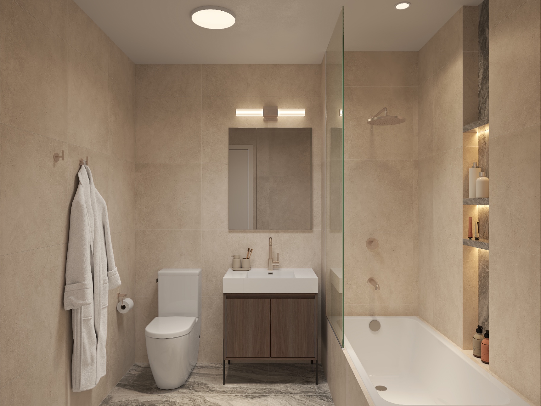 Apartment bathroom with walnut vanity, illuminated marble niche and stone-look tile