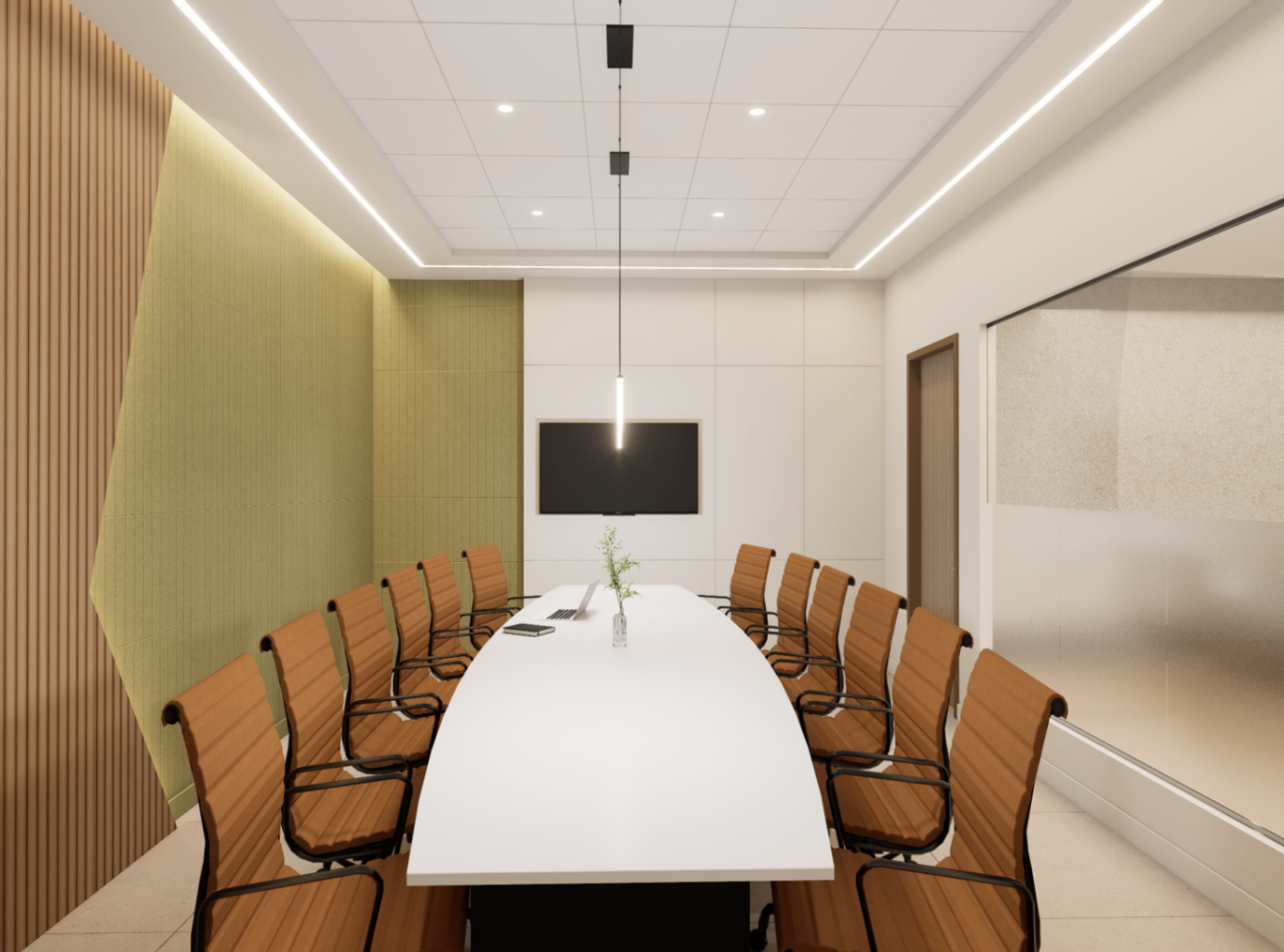Conference table facing the presentation wall with acoustic panels, oak slats and concealed perimeter lighting