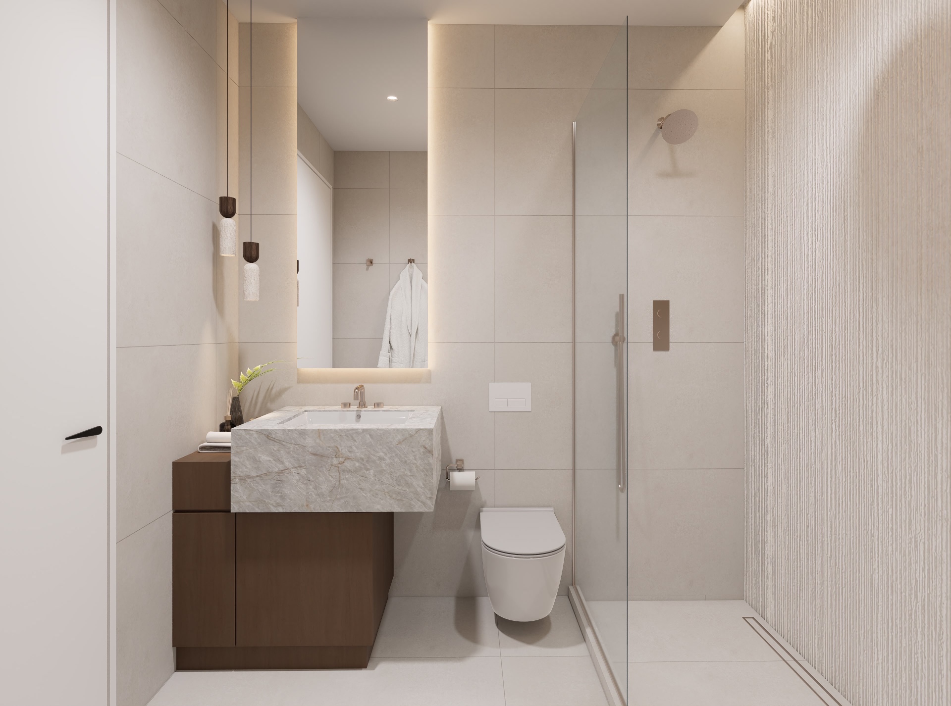 Bathroom with floating marble vanity, walnut base cabinet, backlit mirror and glass shower