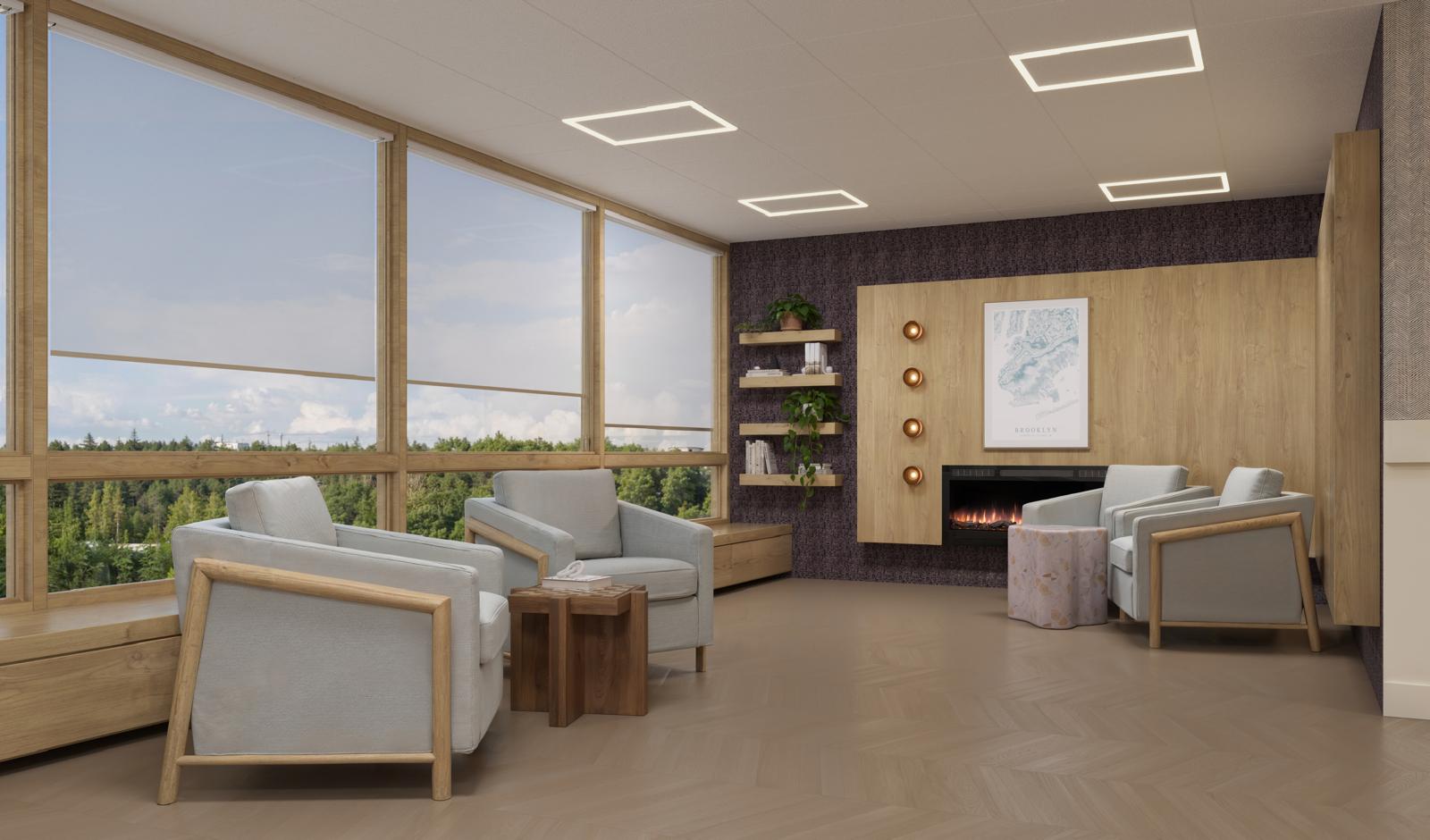 Fireplace lounge with oak-clad hearth wall, Brooklyn map artwork and window-side seating