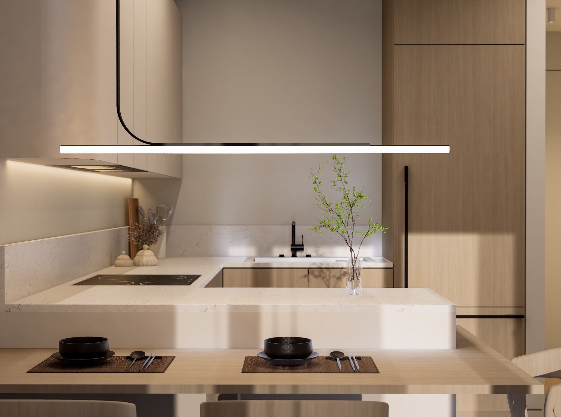 Kitchen elevation centred on the linear black pendant above the quartz peninsula and marble backsplash