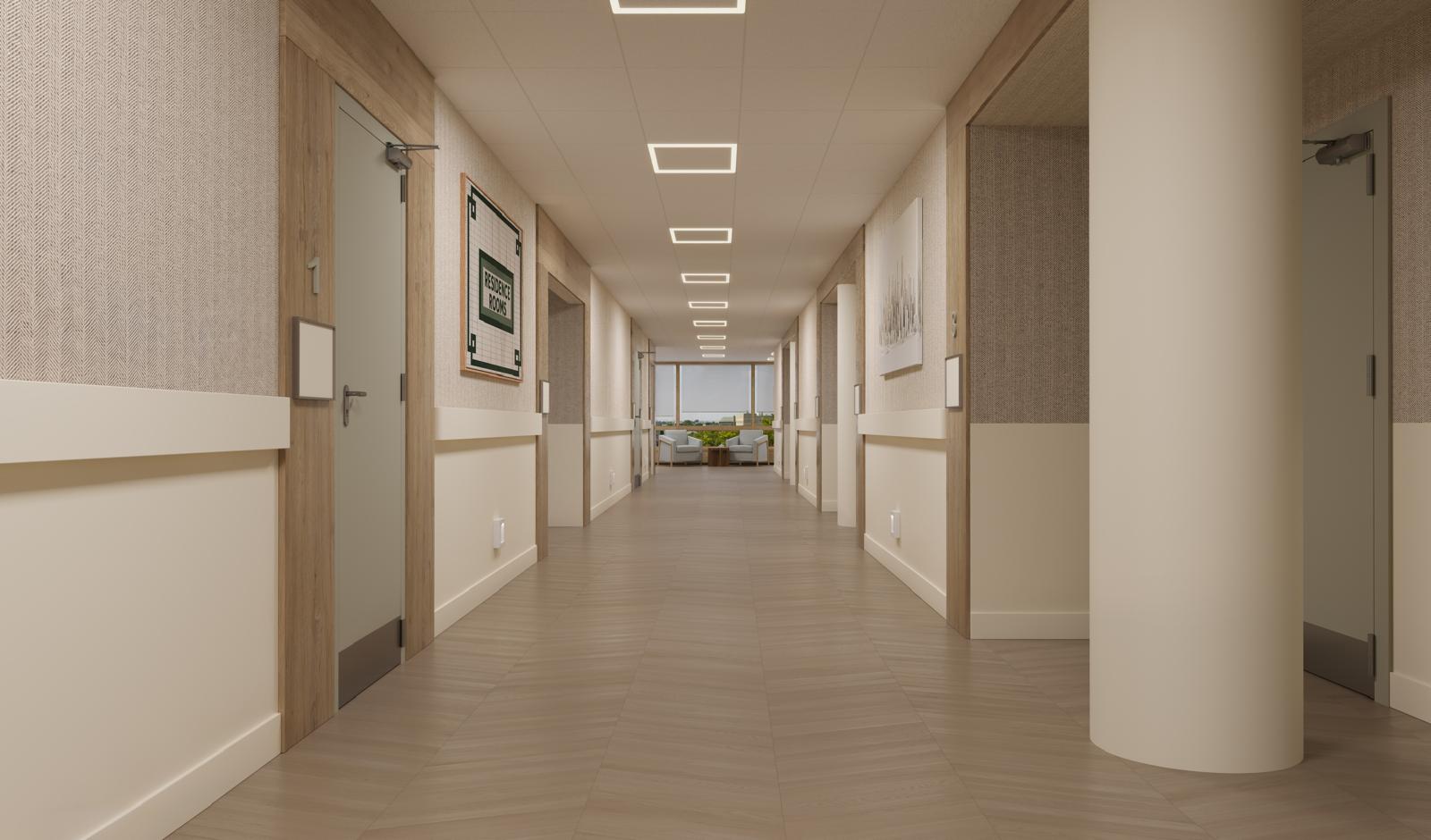 Residence rooms corridor with woven wall panels, oak door portals and a window lounge at the end