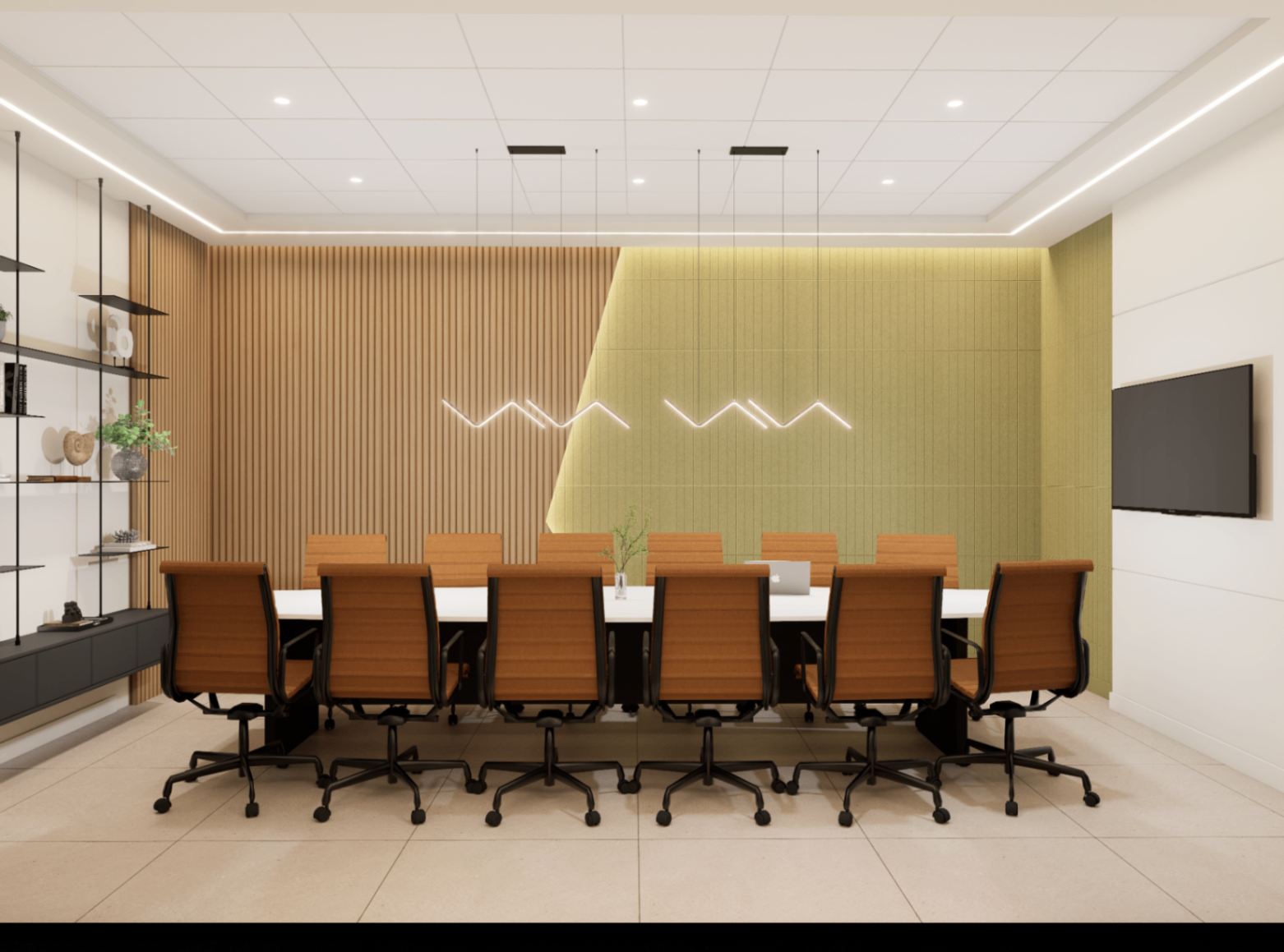 Front elevation of The 9 Business Center conference room with a long white table, oak chairs and faceted acoustic feature wall