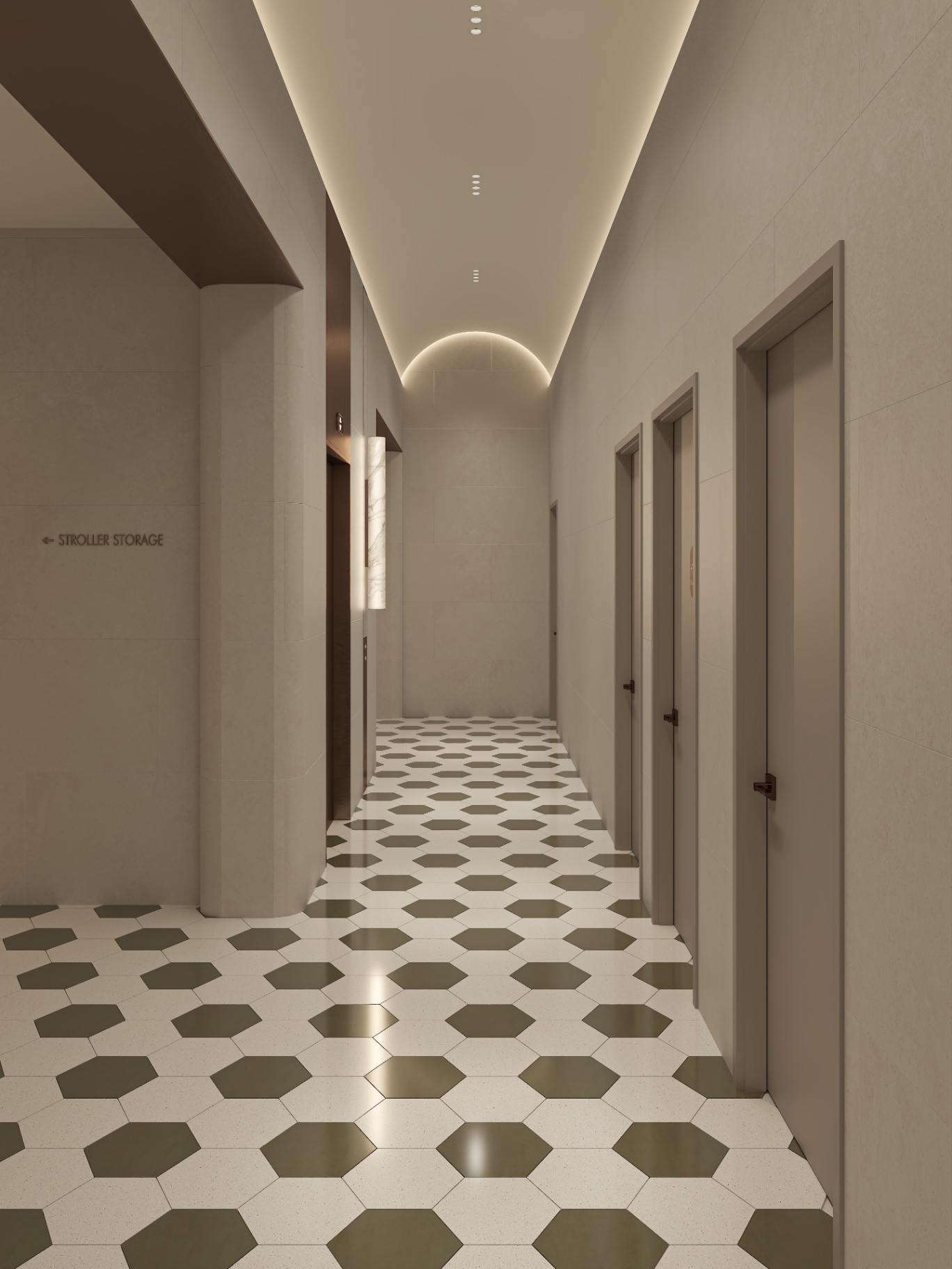 Amenity corridor with stroller storage signage, rounded limestone column and vaulted cove end