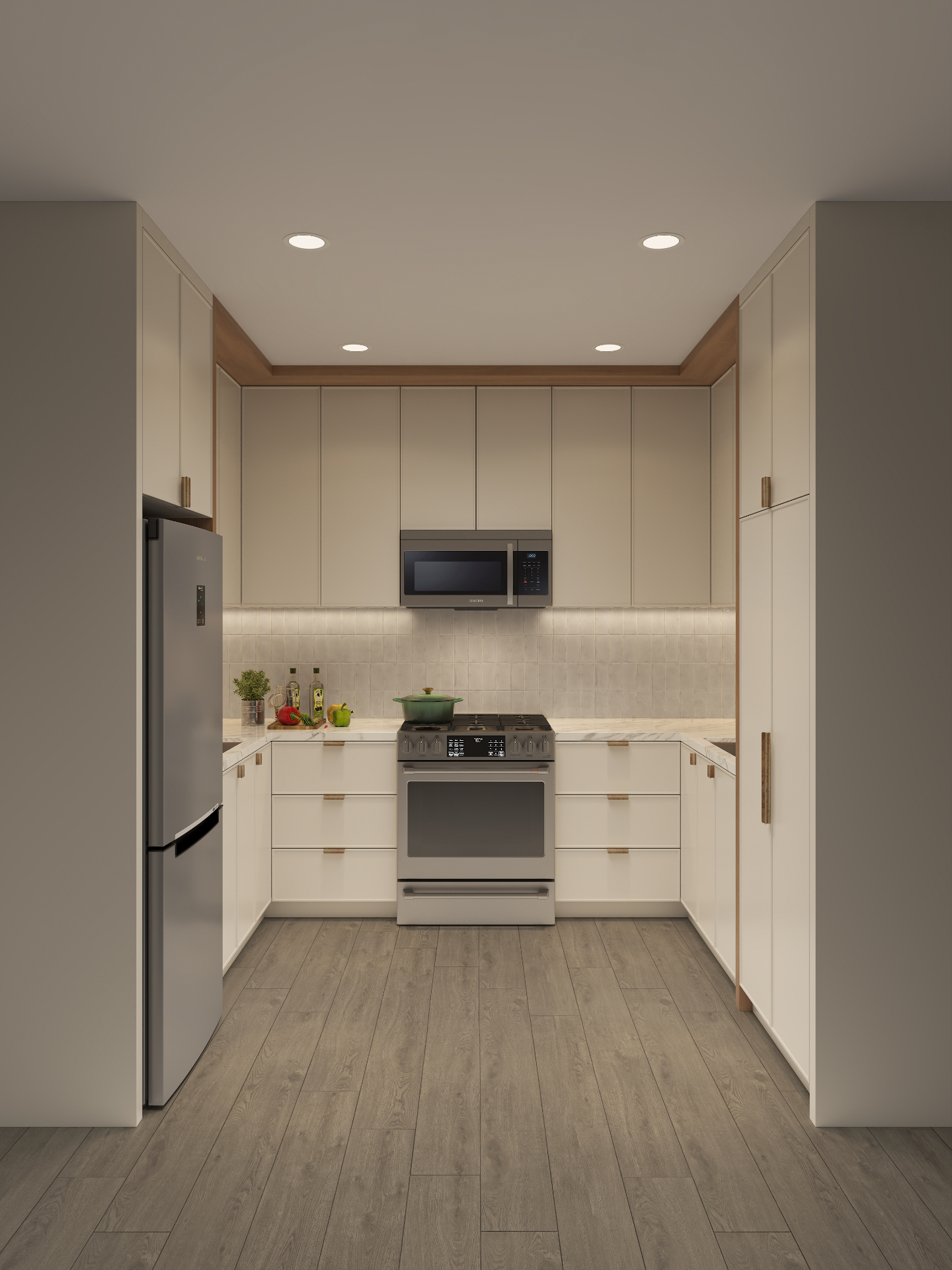 Galley kitchen with cream cabinetry, oak trim, marble counters and stacked tile backsplash