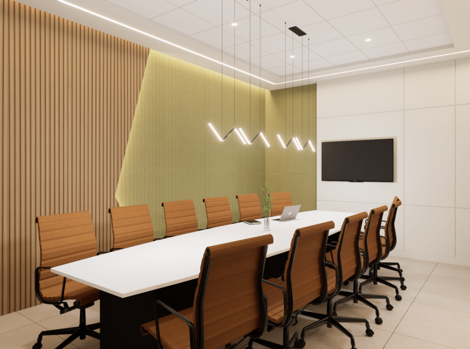 Conference room with presentation screen, perimeter lighting and a sculptural linear pendant above the table