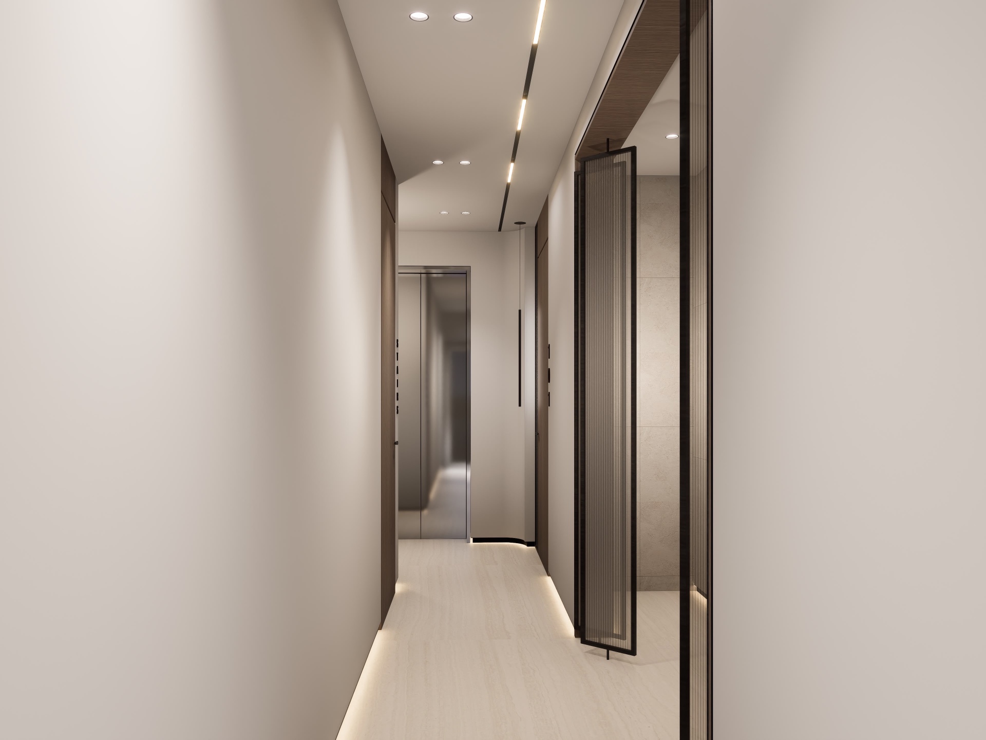 Residential corridor with cove-lit walls, fluted glass screen and stainless elevator doors at the end