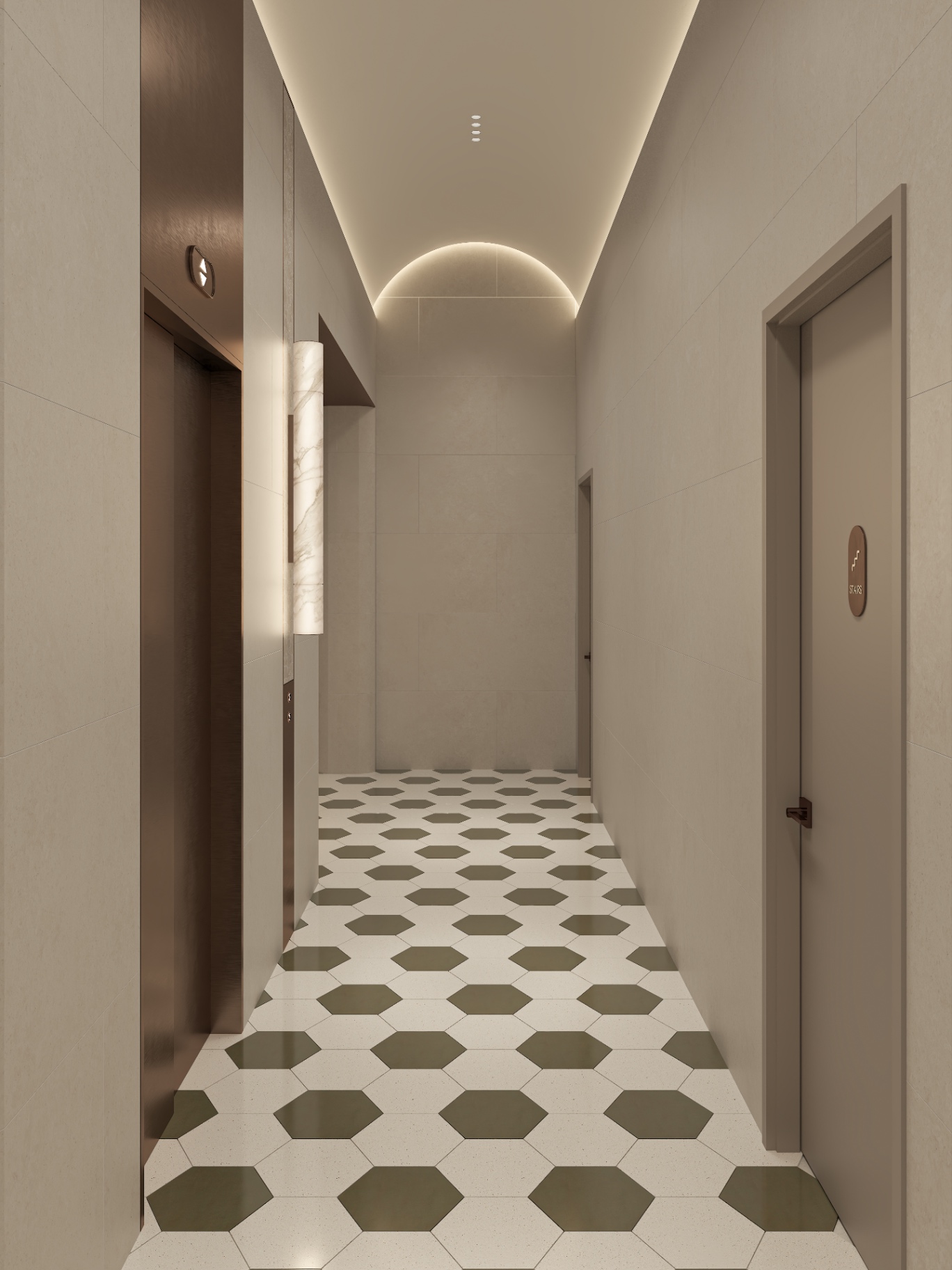 Elevator lobby with bronze doors, alabaster light column and hexagonal terrazzo tile