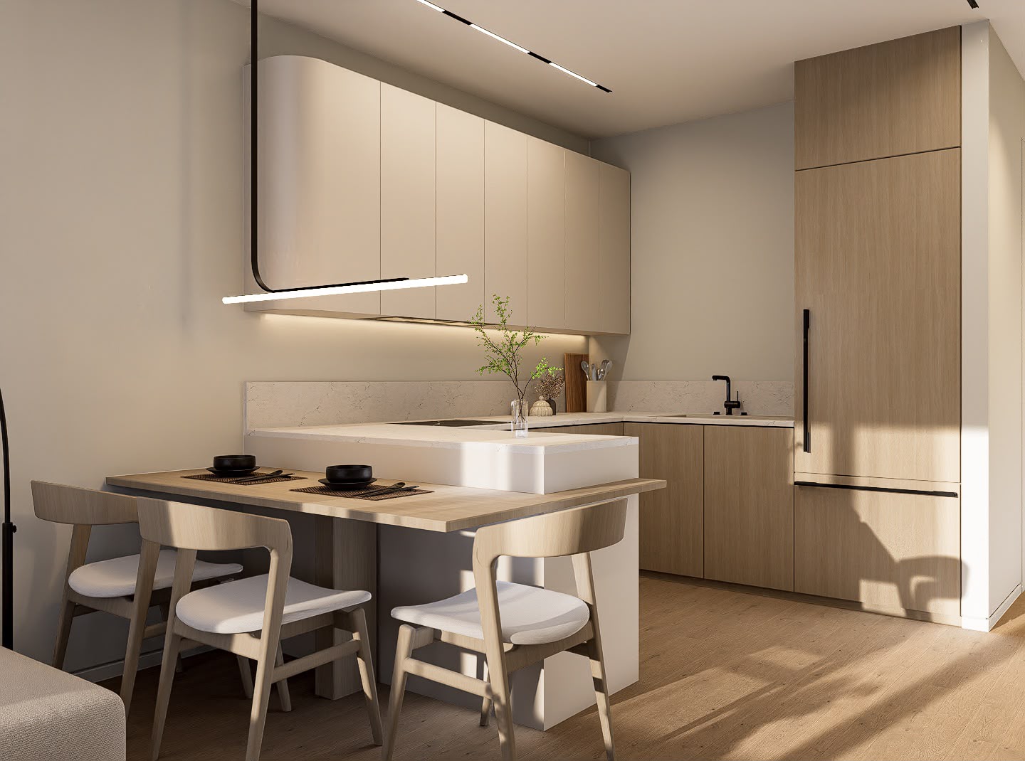 Kitchen and dining corner with curved cream cabinetry, marble backsplash and light oak flooring