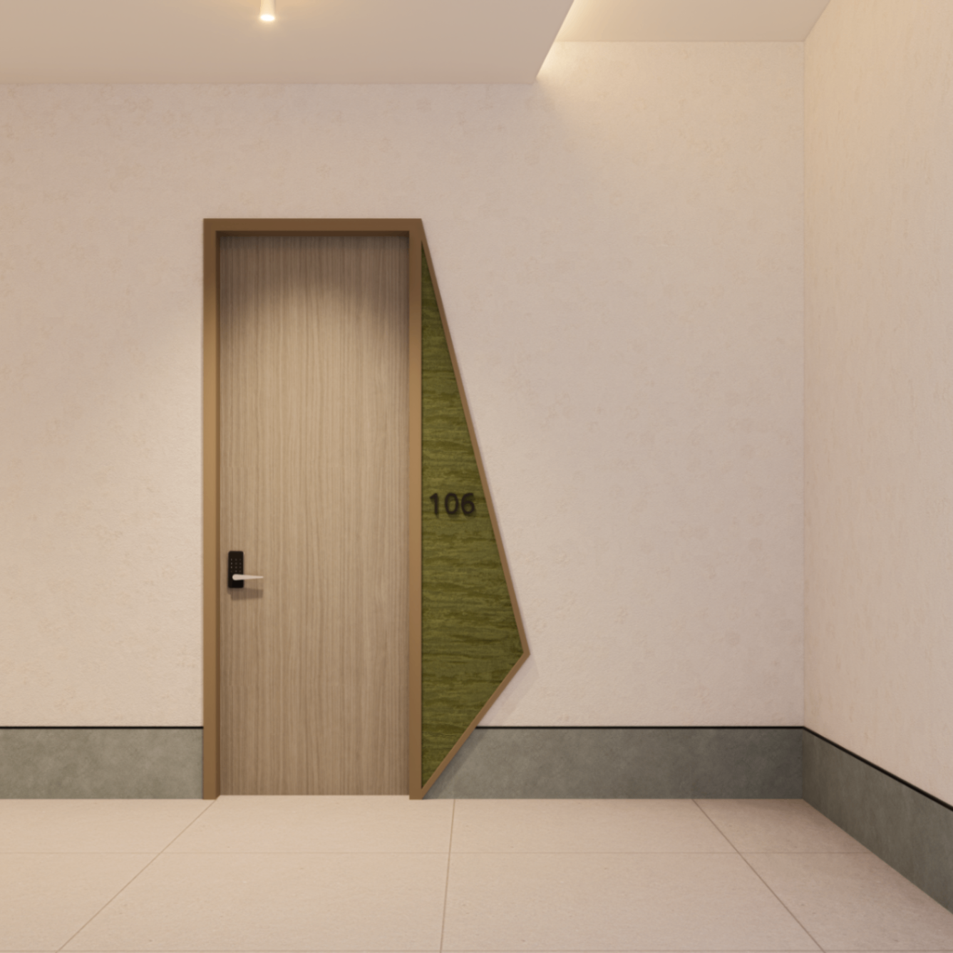 Close view of suite 106 with oak door, angled bronze frame and green textured panel