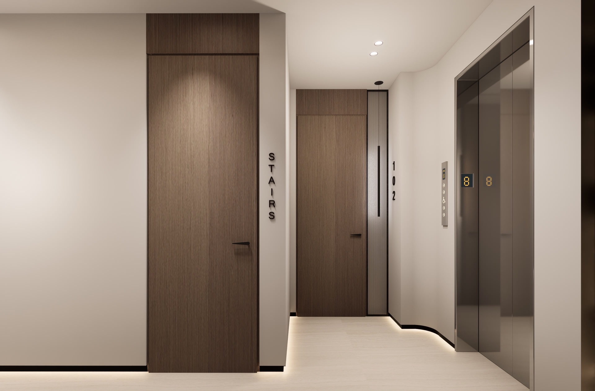 Elevator landing with walnut stairs and unit 102 doors, fluted glass reveal and black signage
