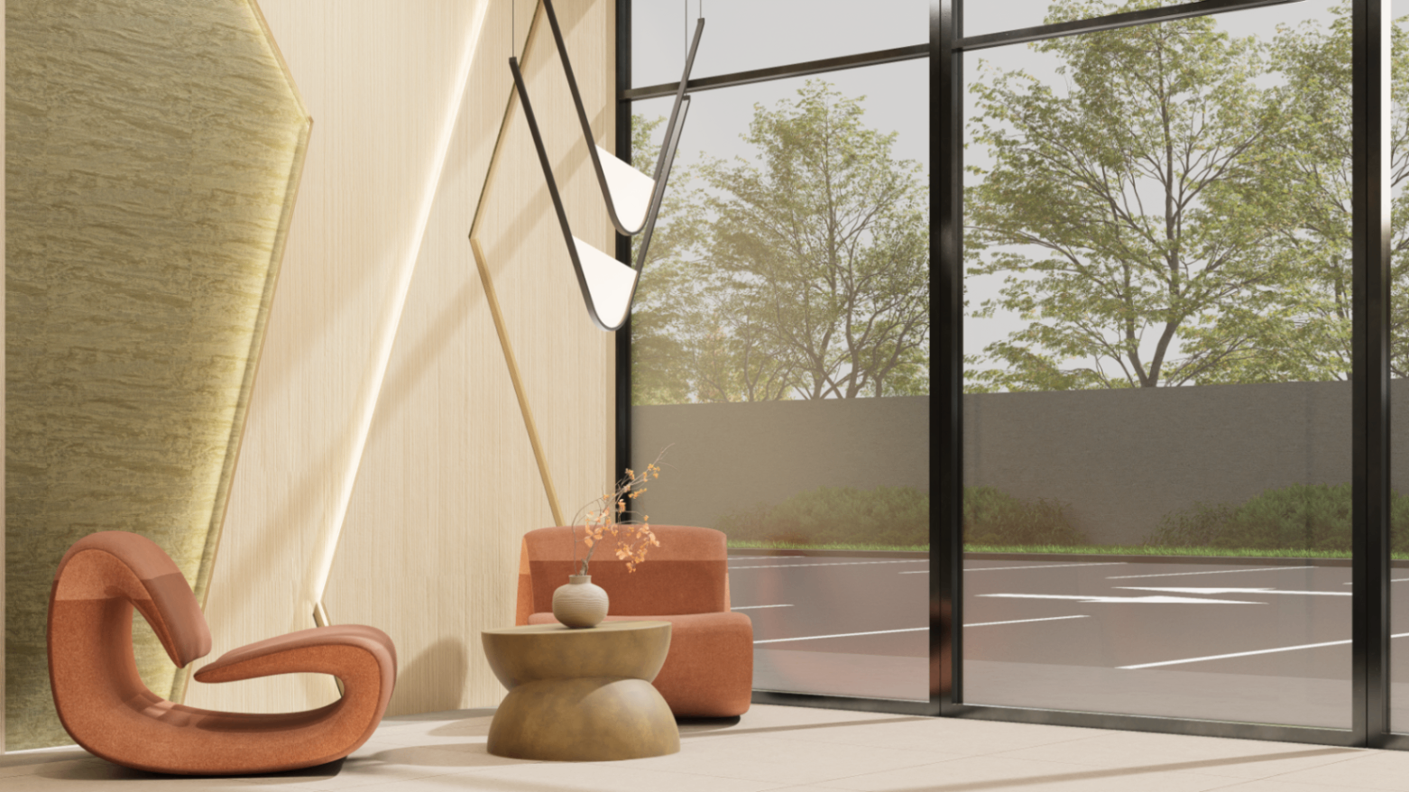 Detail of the lounge seating group against the faceted oak and stone feature wall