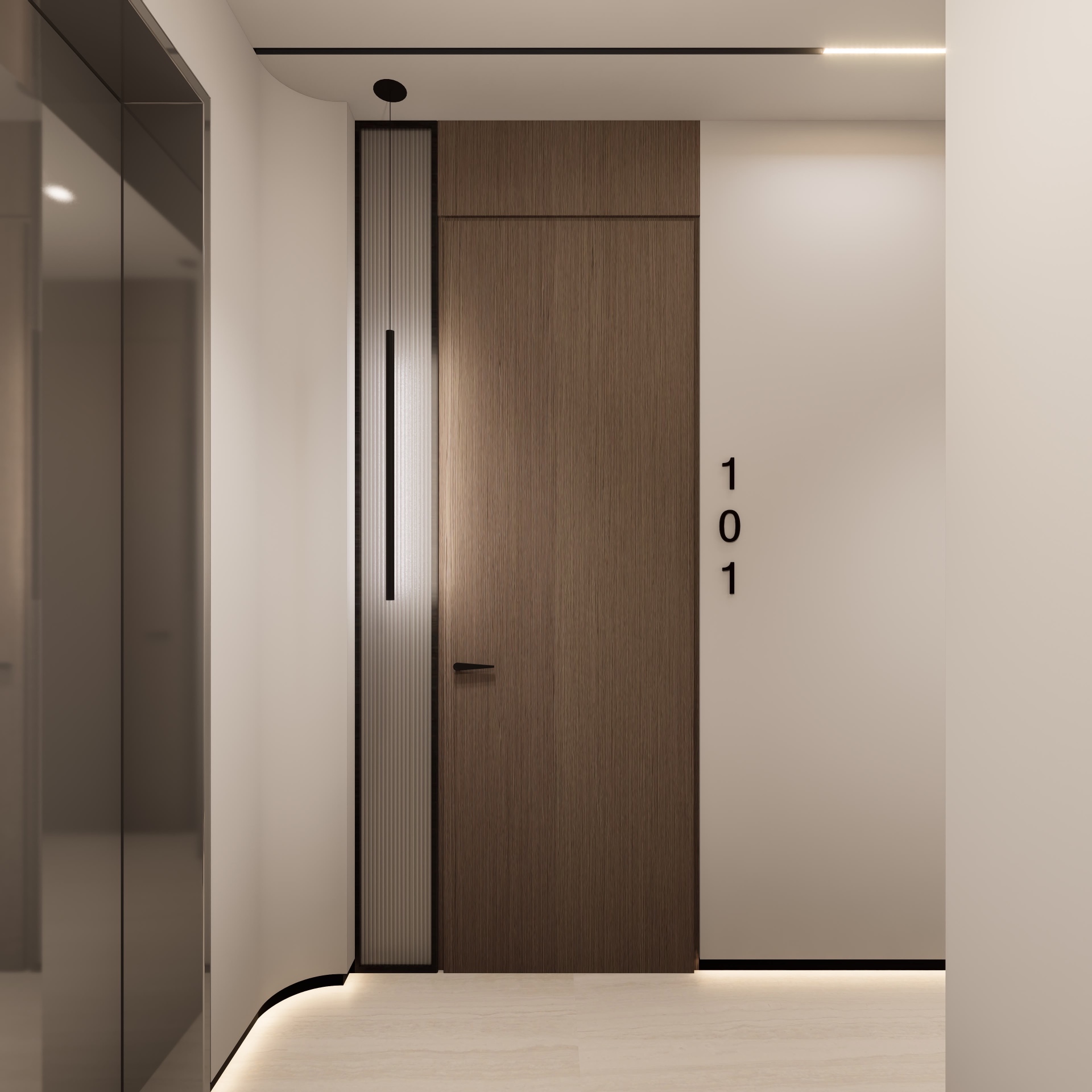 Unit 101 entry with rift-oak door, fluted glass sidelight and black recessed numerals