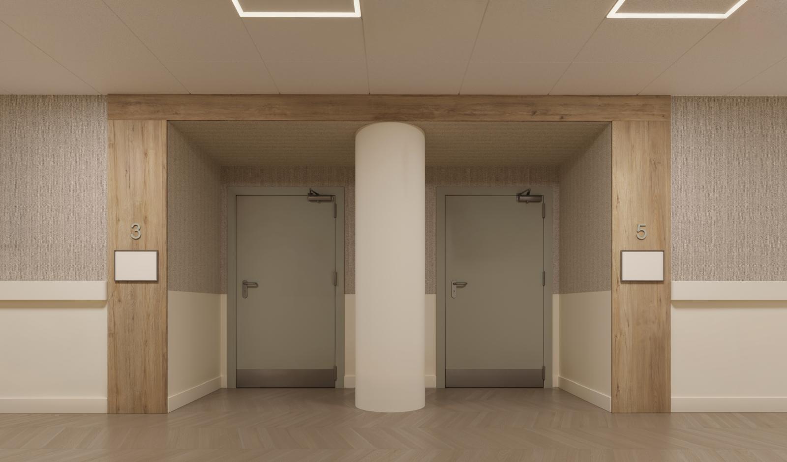 Paired resident room portals framed in oak with numbered signage and herringbone flooring