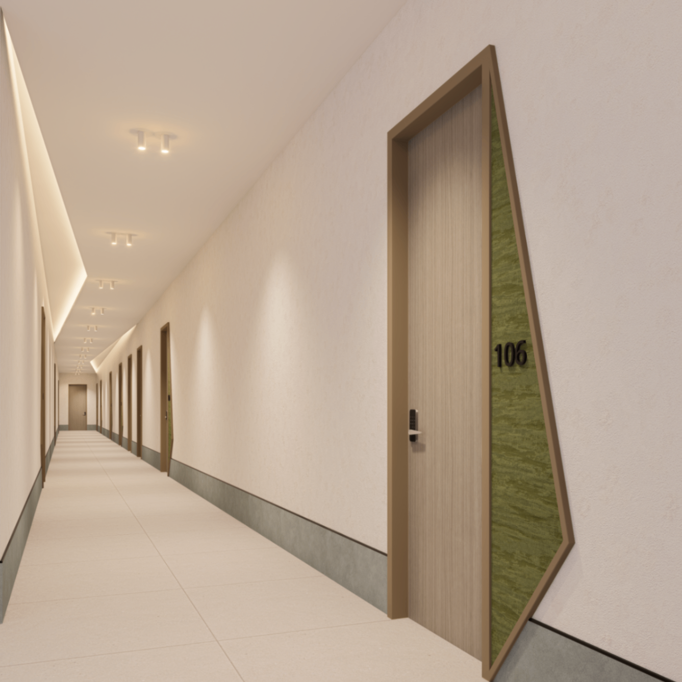Perspective down a tenant corridor showing the angled portal at suite 106
