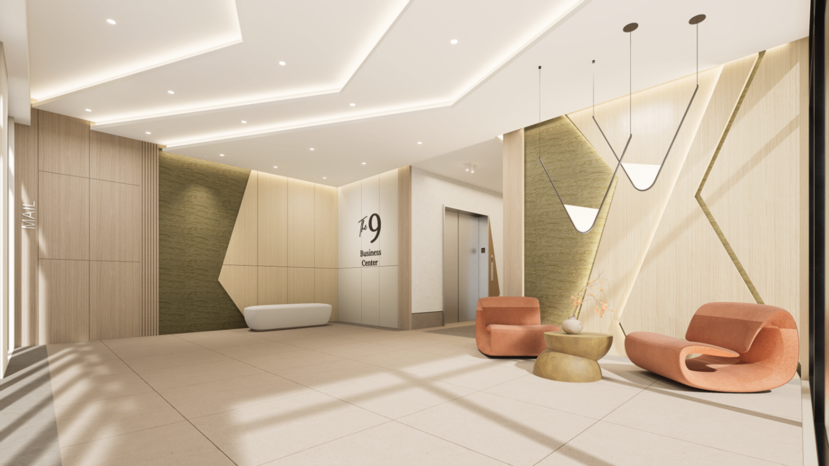 Wide view of The 9 Business Center lobby with oak millwork, applied signage, white bench and sculptural lounge chairs