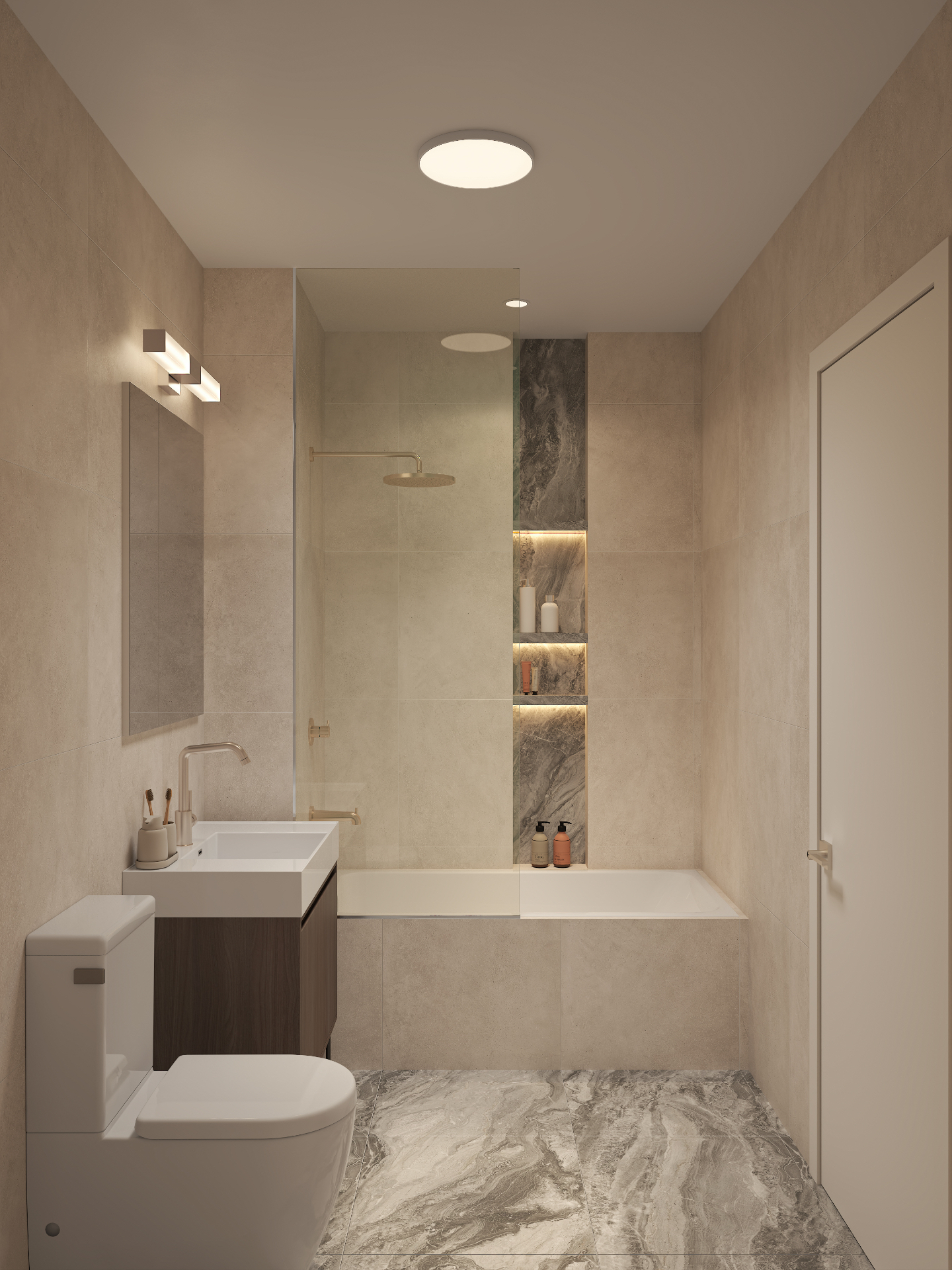 Apartment bathroom with backlit marble shower niche, brushed brass fittings and marble floor tile