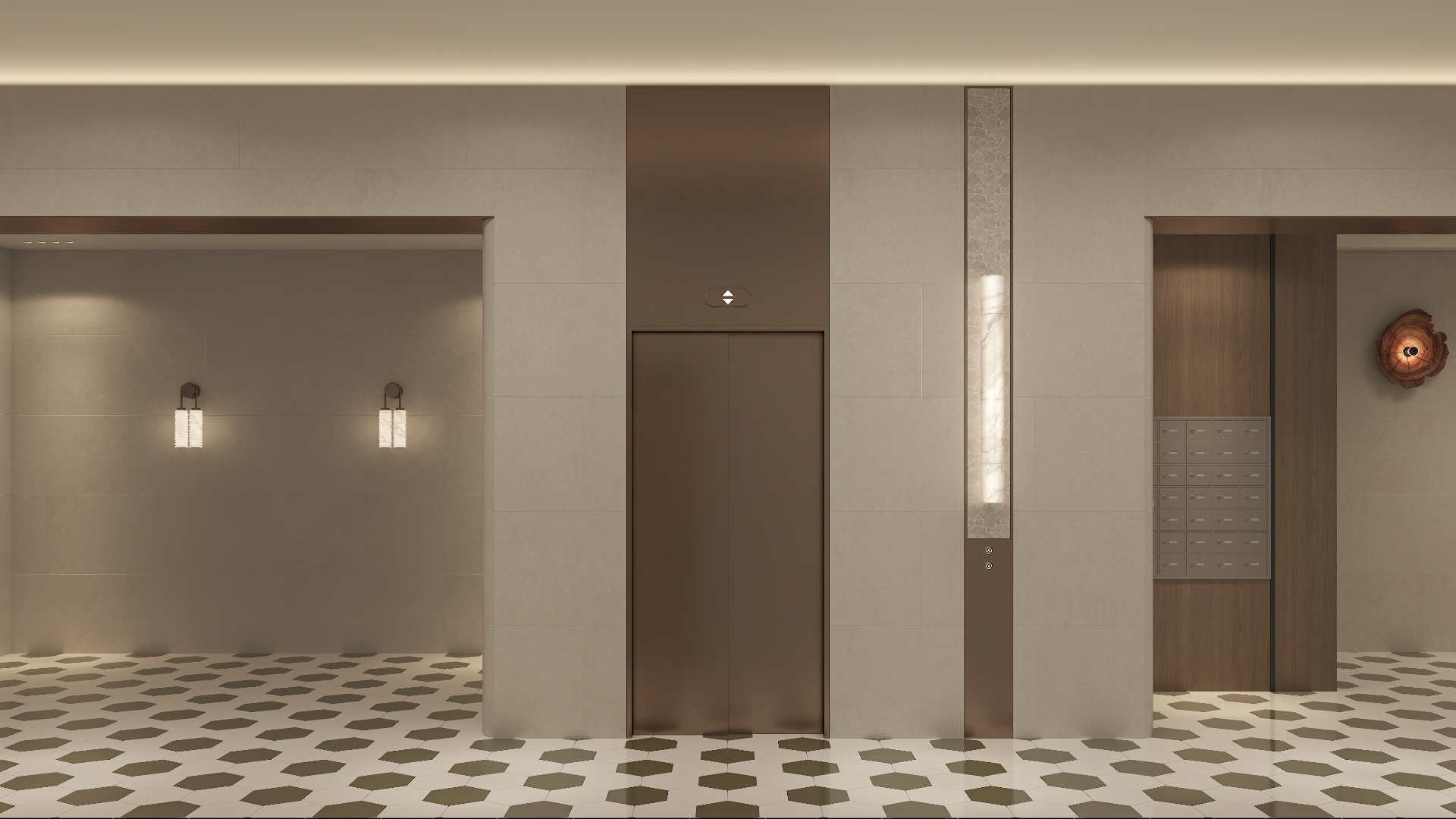 Straight-on elevation of the bronze elevator surround, marble light panel and mail alcove