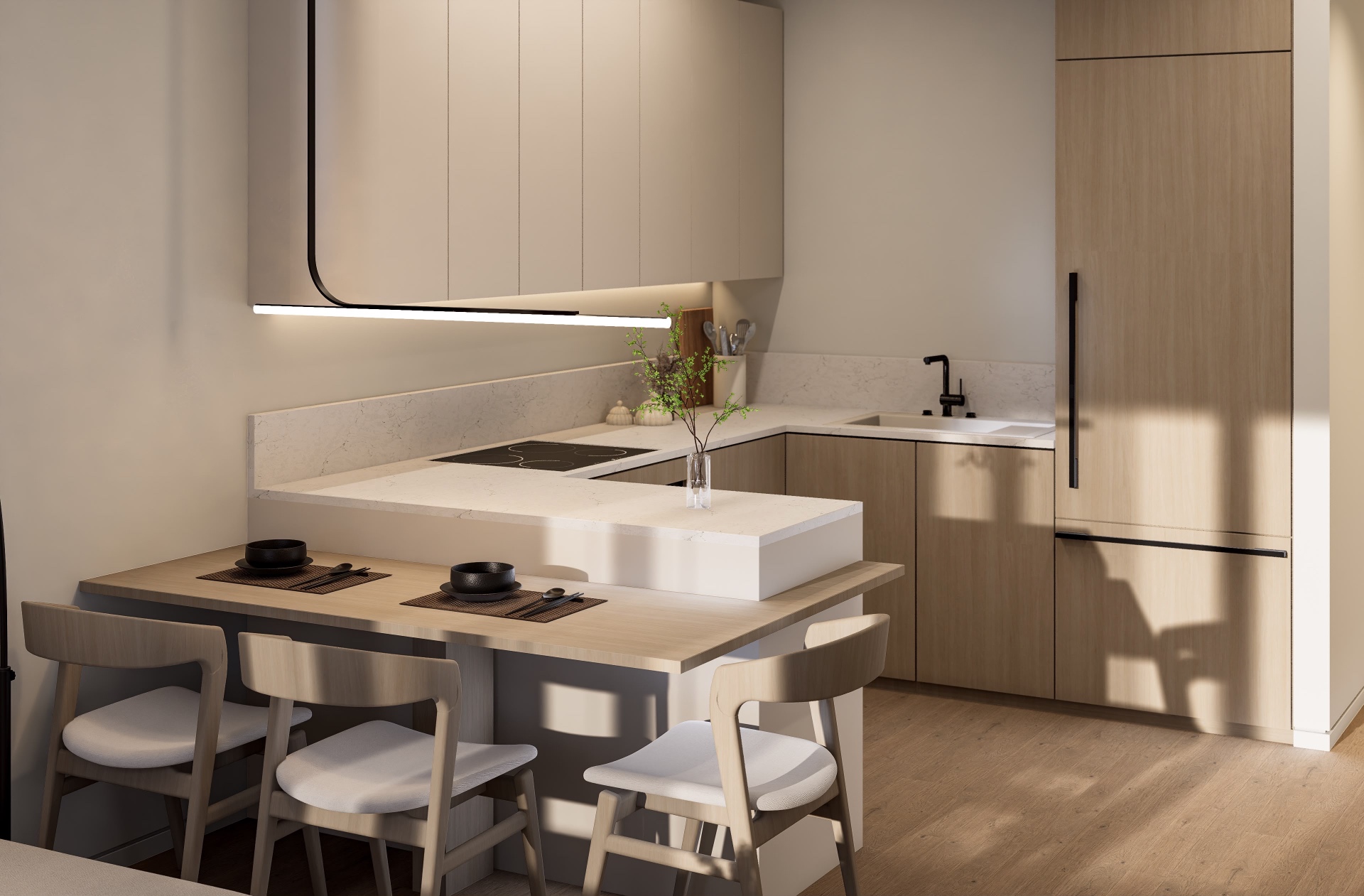 Kitchen with oak dining ledge, linear pendant and full-height integrated oak refrigerator panel