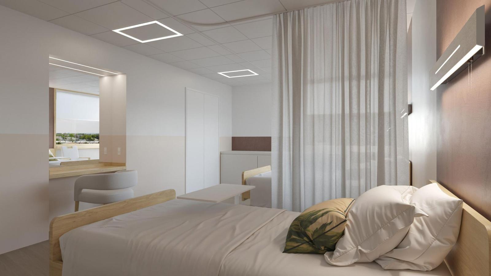 Resident room with oak bed frames, terracotta headboard wall and sheer privacy curtain
