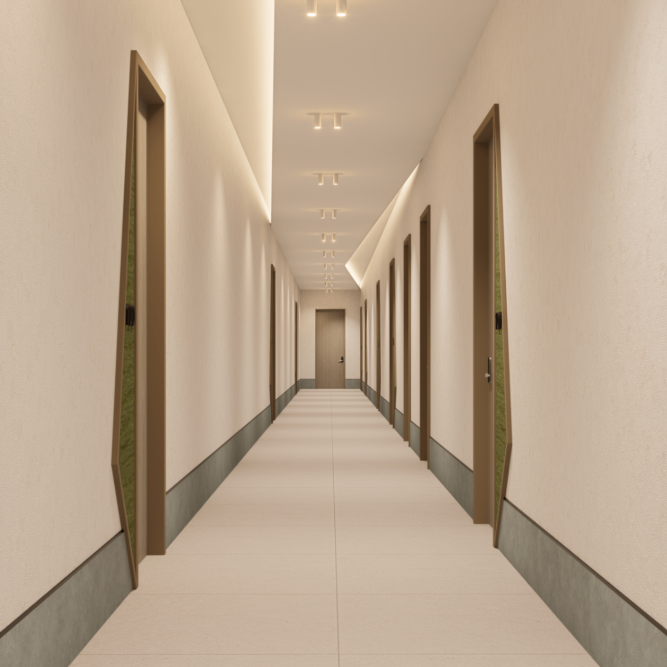 Tenant corridor with angled oak door portals, green textured inserts and continuous ceiling coves