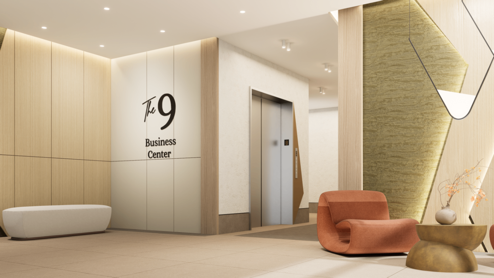 Lobby identity wall reading The 9 Business Center beside the elevator core