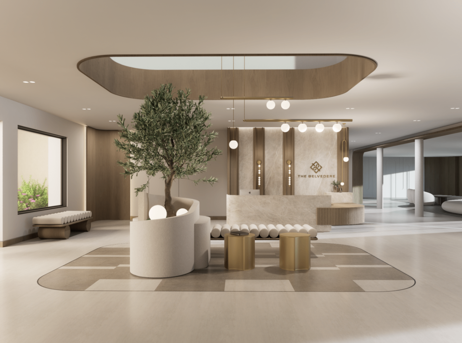 Lobby seen across the plaster plinth and bolster bench toward the reception wall