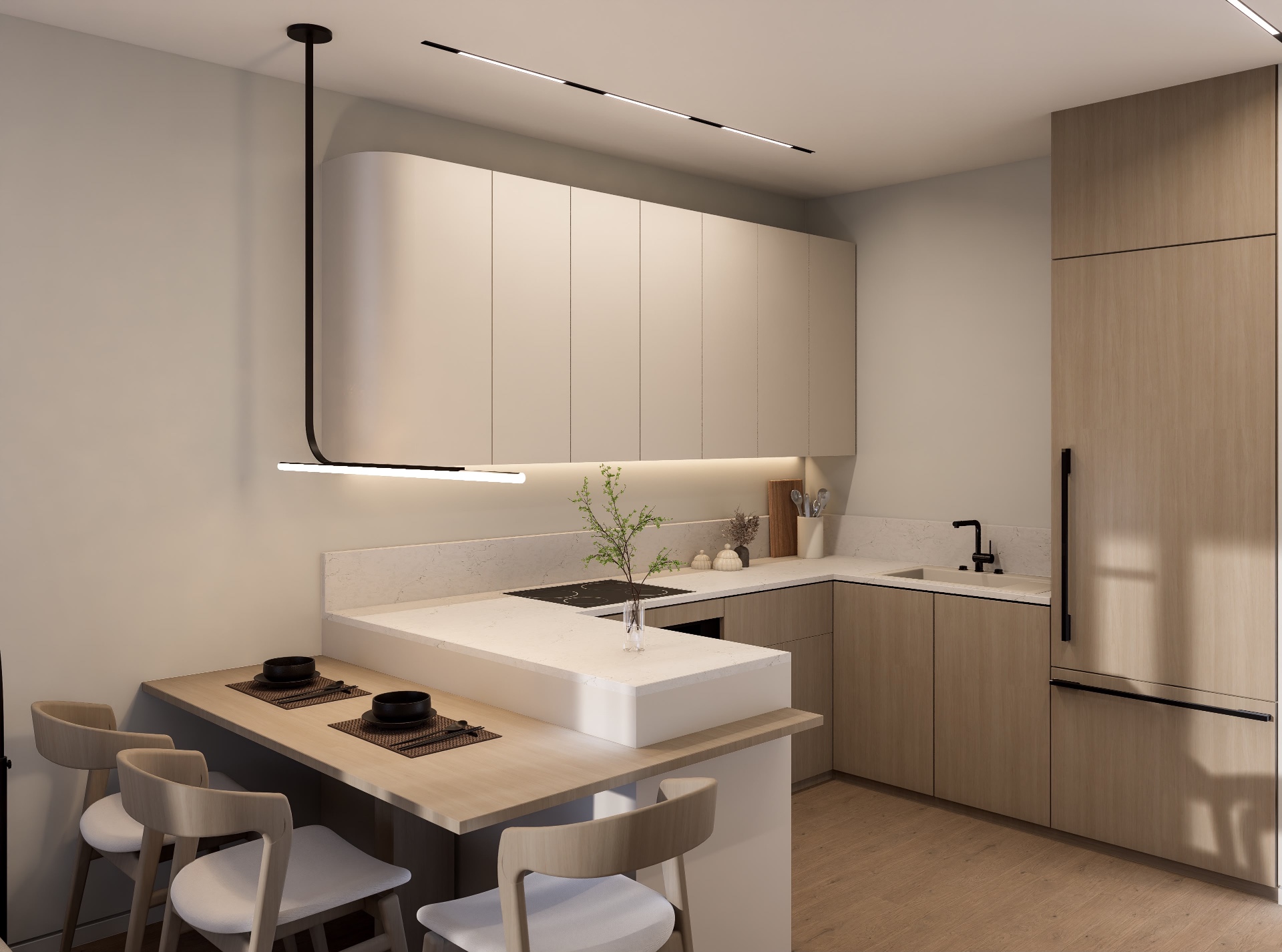 Kitchen seen across the oak dining ledge with curved cream uppers, linear pendant and integrated oak refrigerator