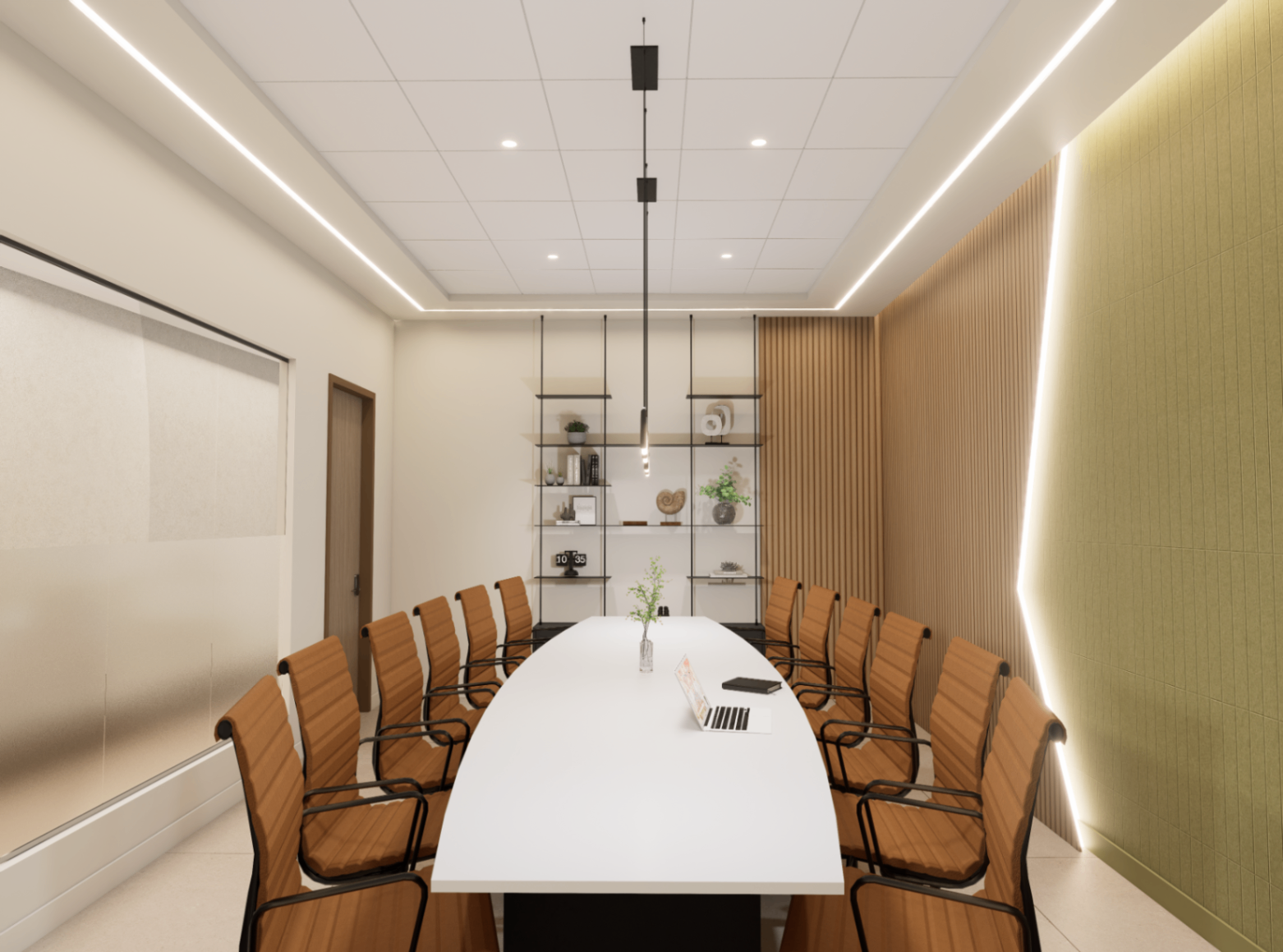 Lengthwise view of the conference room with glazed privacy wall and suspended display shelving