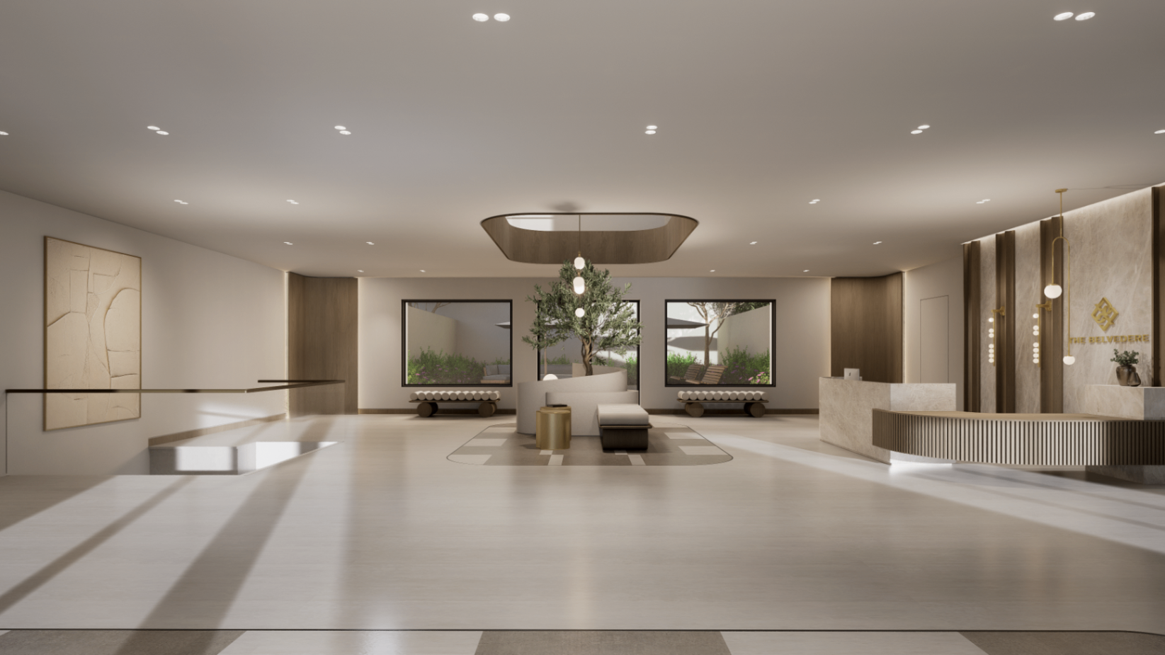 Wide lobby view with plaster relief artwork, courtyard windows and reception beyond