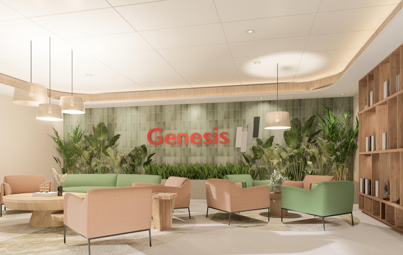Wide view of the Genesis lounge with woven pendants and curved oak-lined soffit