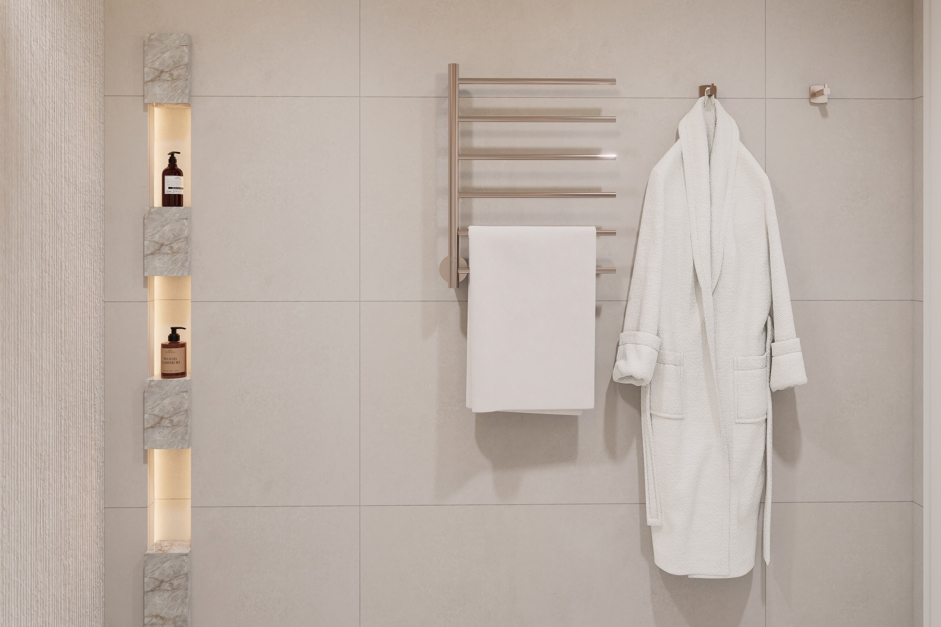 Bathroom detail with backlit marble shelf niche, brushed towel warmer and hanging robe