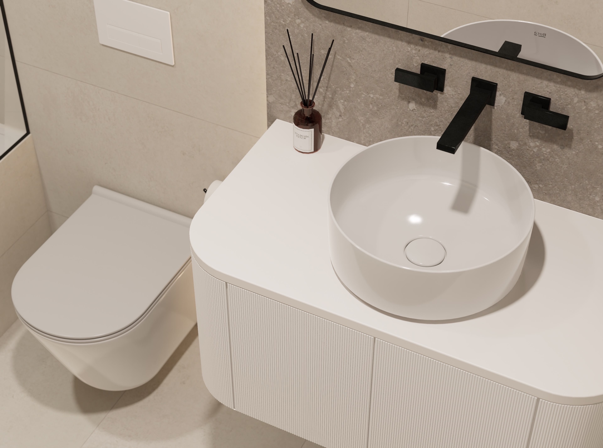Powder room with fluted white vanity, round vessel basin and matte black fittings
