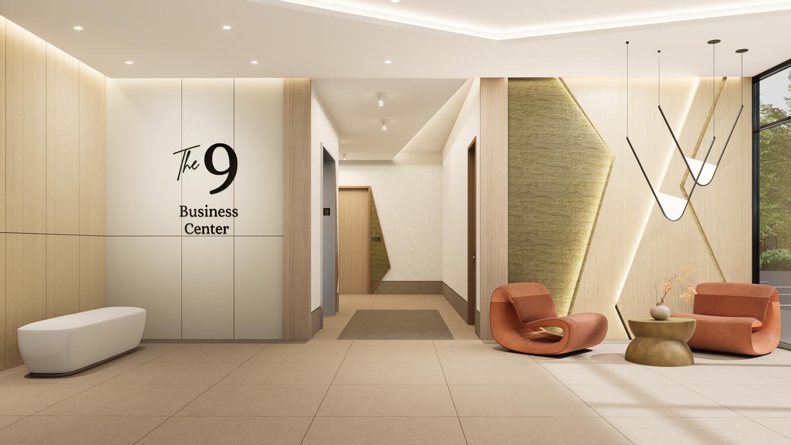 Commercial lobby with oak millwork wall, applied signage and sculptural lounge seating