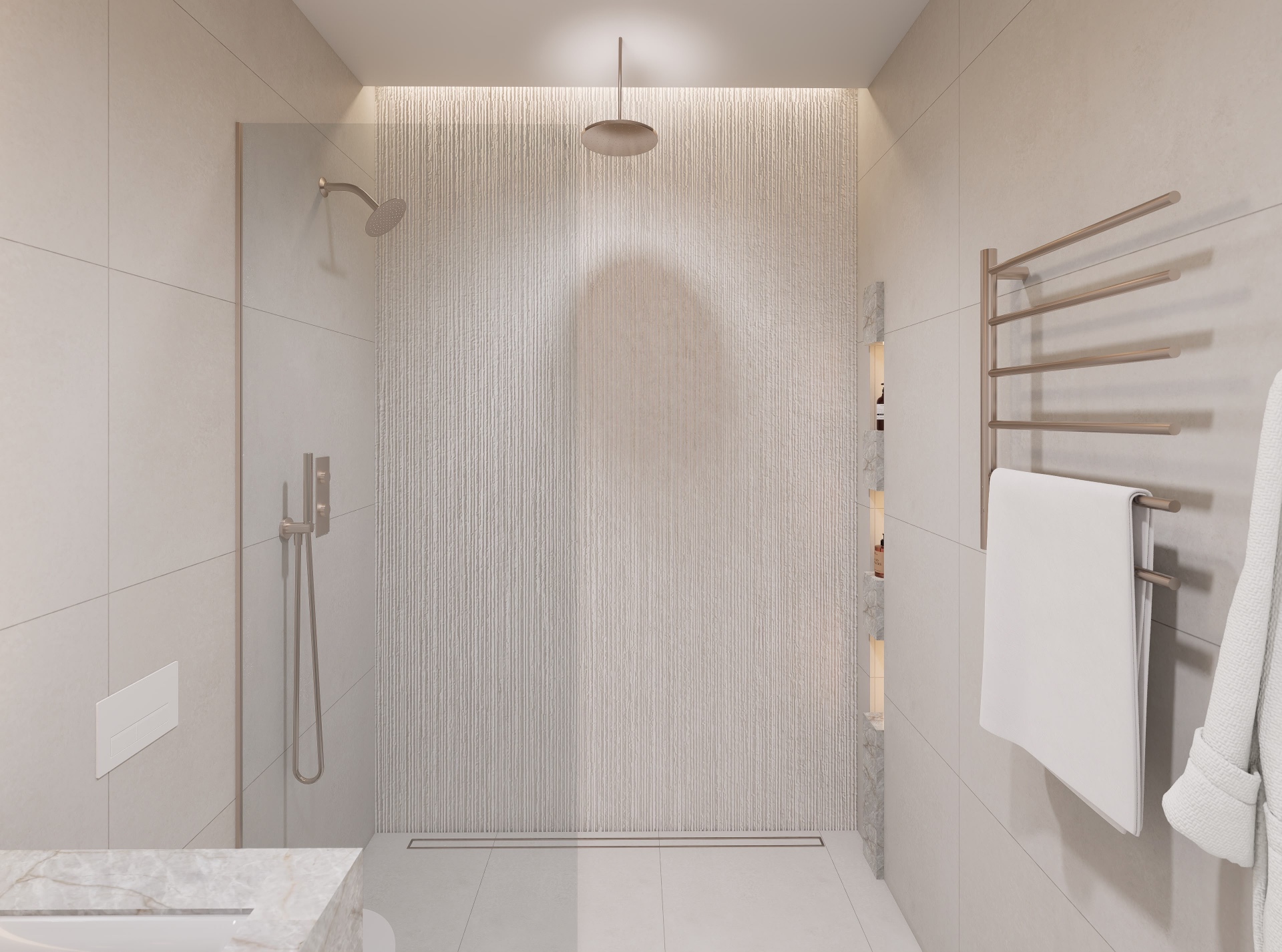 Walk-in shower with fluted plaster feature wall, cove lighting and a heated towel ladder