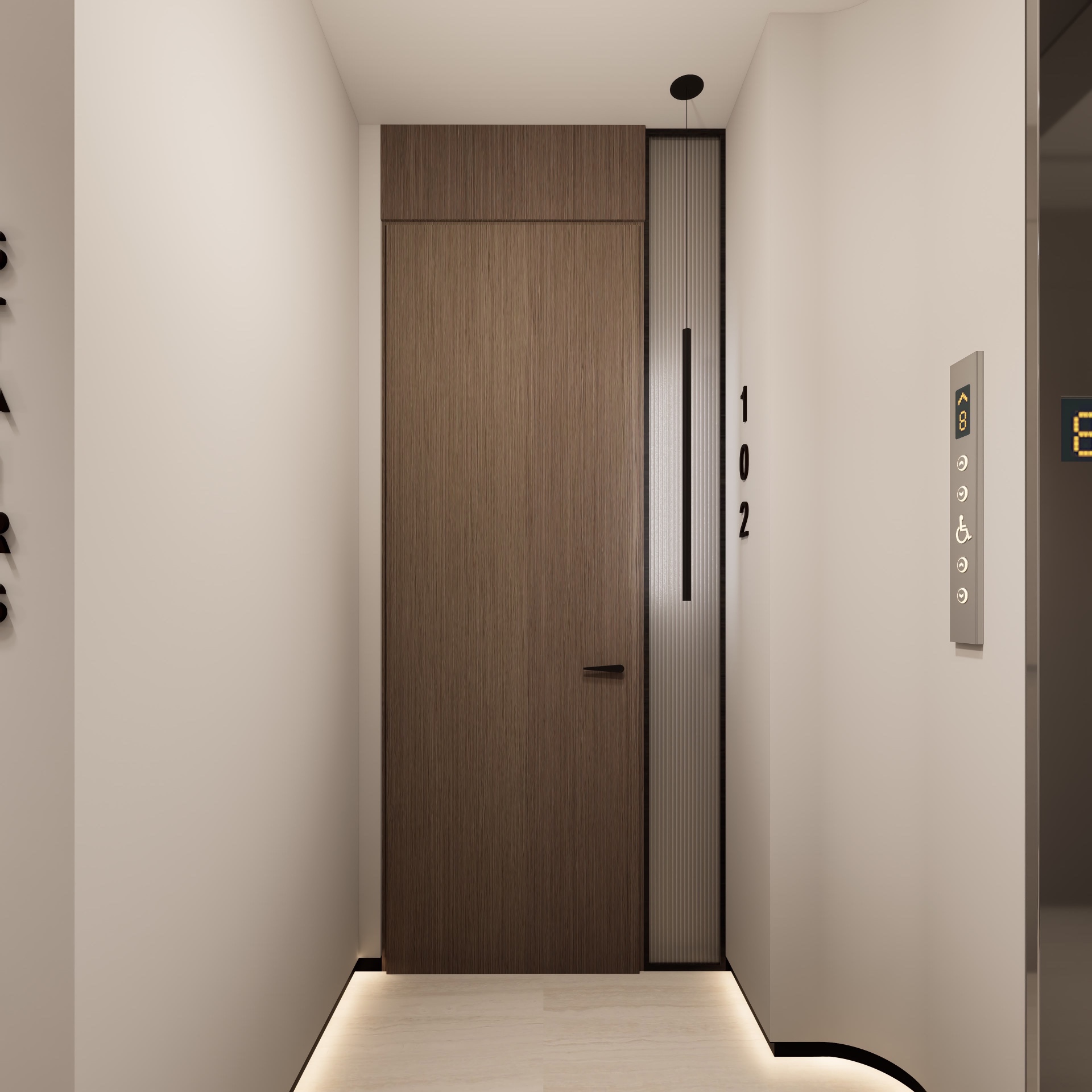 Unit 102 elevator landing with oak entry door, slim pendant and cove-lit floor reveal