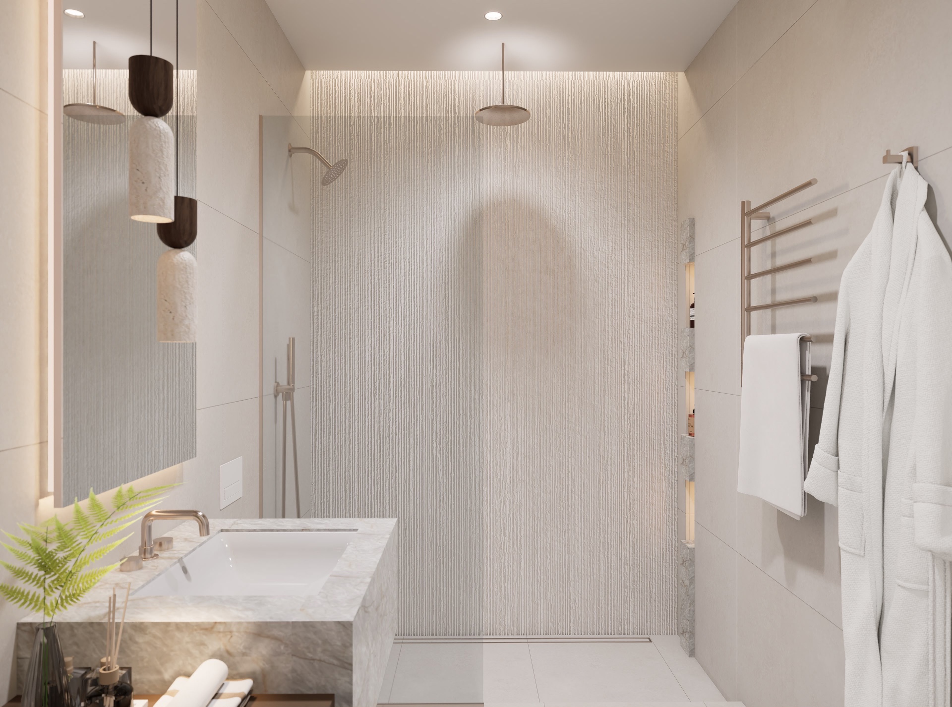 Spa shower with fluted plaster wall, rain heads, marble vanity and heated towel ladder