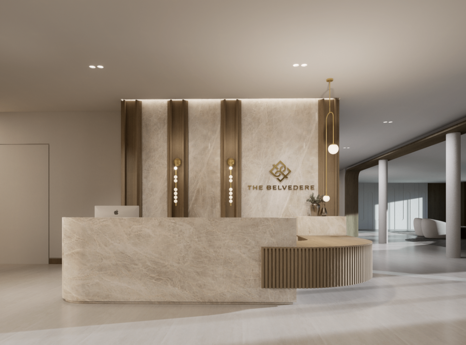 Reception elevation with fluted timber reveals, stone desk and dimensional identity signage