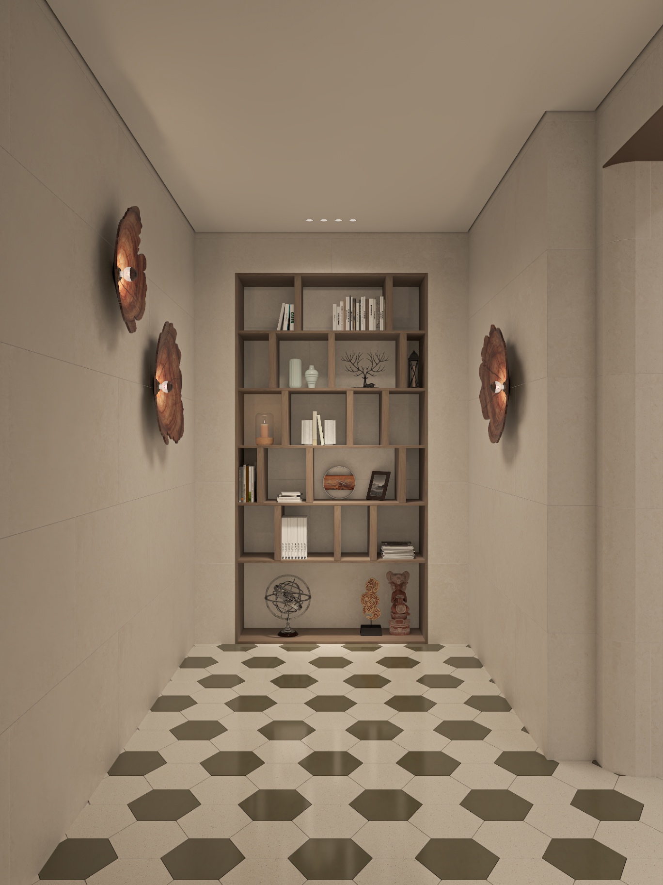Library niche with oak shelving, live-edge timber sconces and hexagonal terrazzo floor