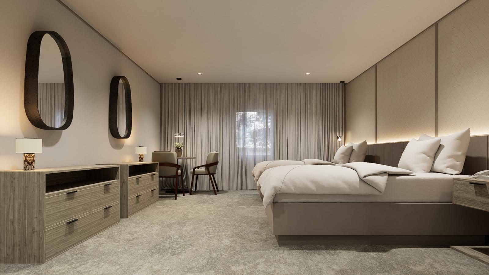 Wide suite view with paired oval mirrors, oak dressers and sheer curtained window