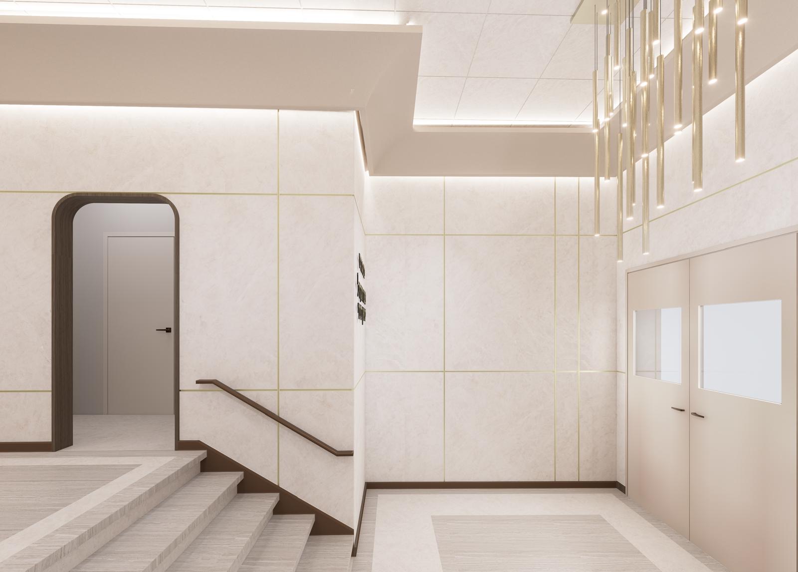 Stair lobby with arched timber portal, stone panel walls and suspended rod pendants