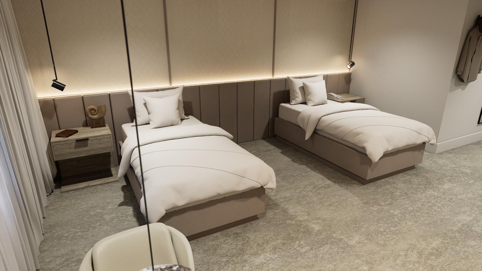 Aerial view of a twin suite showing quilted panelling, channel headboard and reading lights
